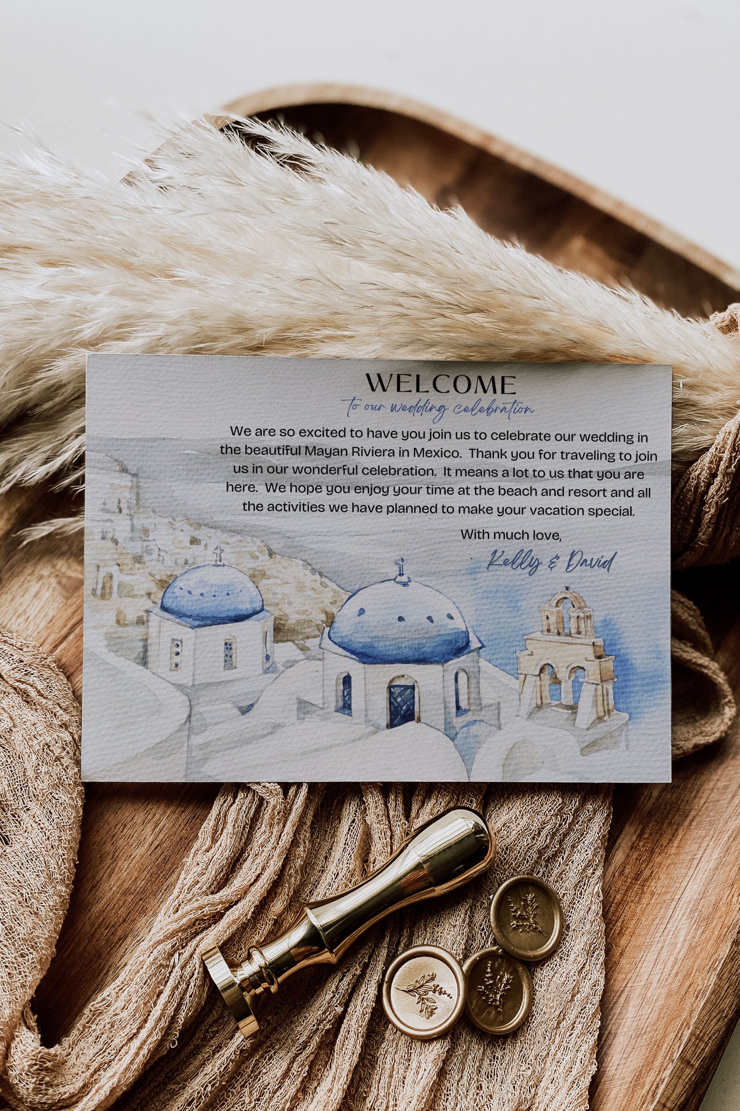 Mediterranean Greece Italy Portugal Watercolour Destination Wedding Thank You Card 5.5x4.25" Folded Instant Download - "Santorini"