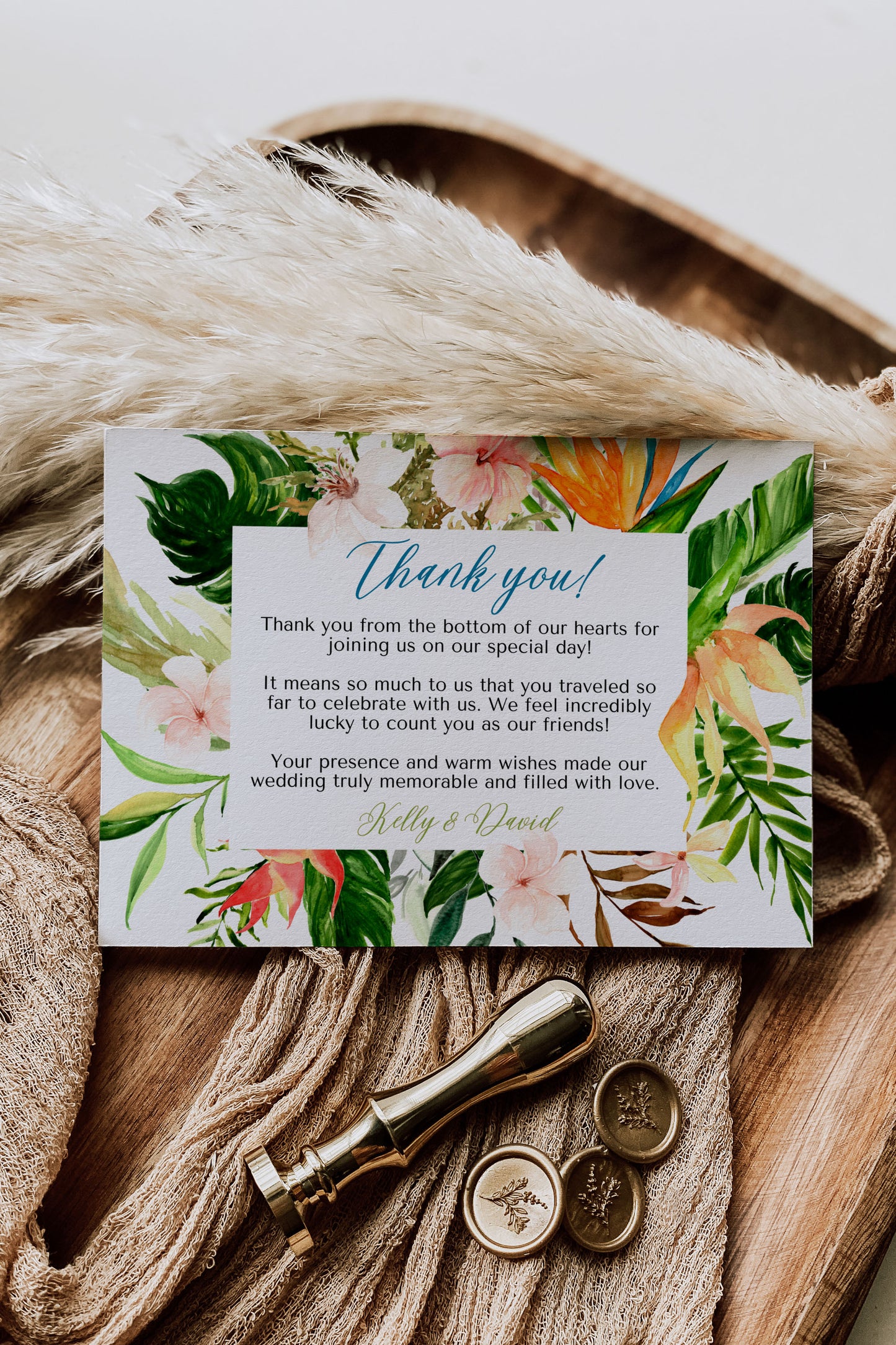 Beach Tropical Flamingo Hibiscus Frangipani Watercolour Destination Wedding Thank You Card 5.5x4.25" Instant Download - "Tropical Flamingo"