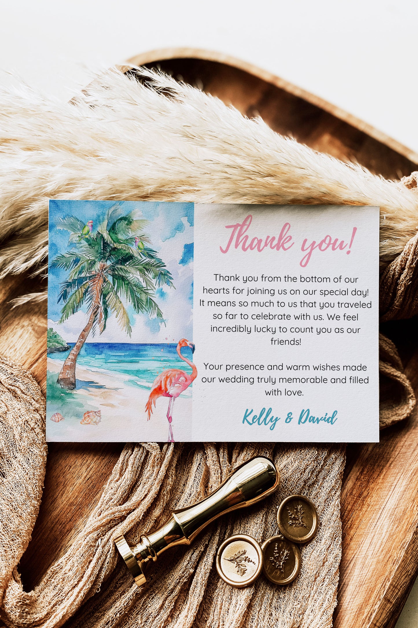 Beach Tropical Turtle Underwater Palm Tree Watercolour Destination Wedding Thank You Card 5.5x4.25" Instant Download - "Tropical Escape"