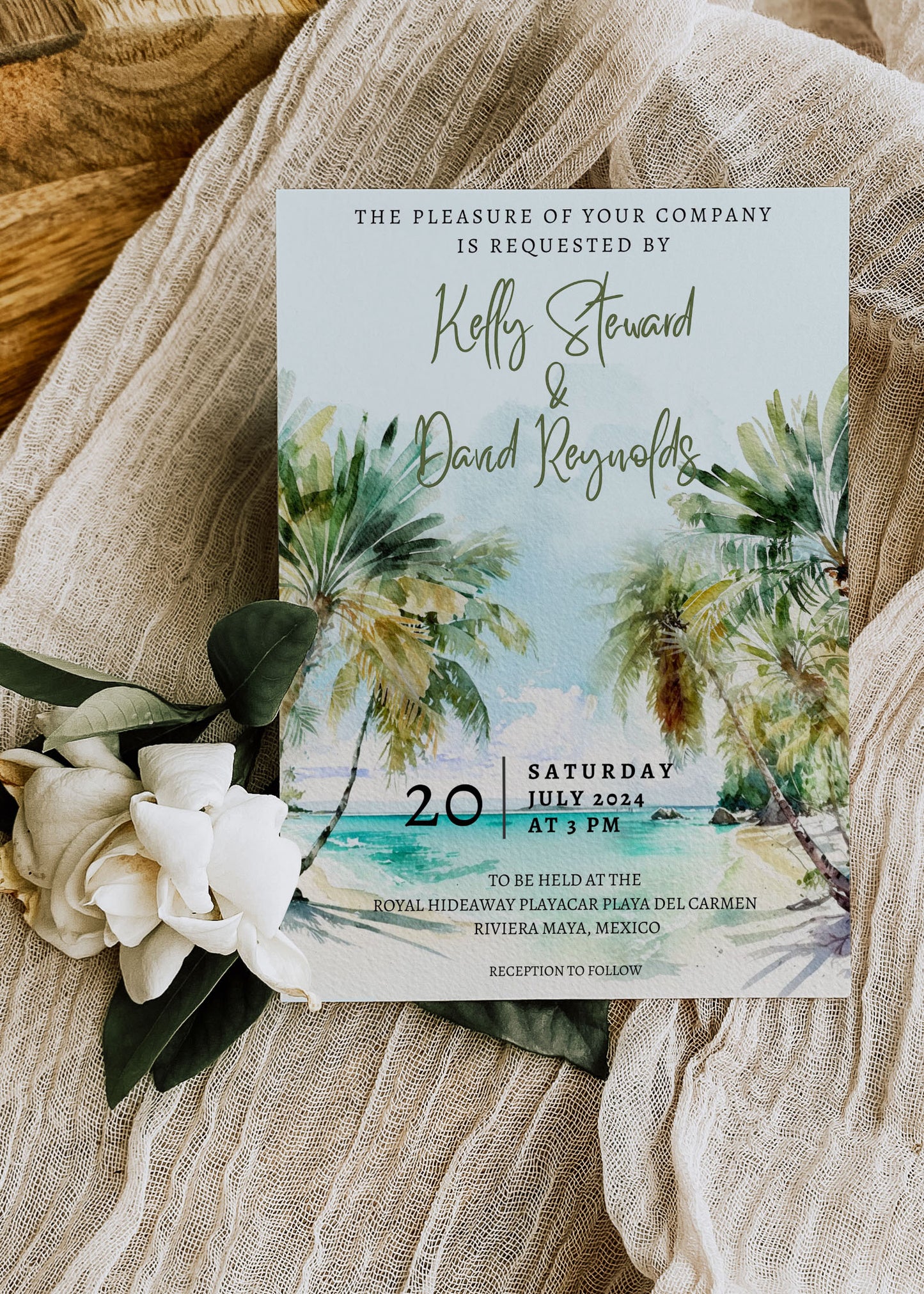 Beach Tropical Palm Trees Watercolour Destination Wedding Invitation and RSVP Suite Instant Download - "PALM TREES"