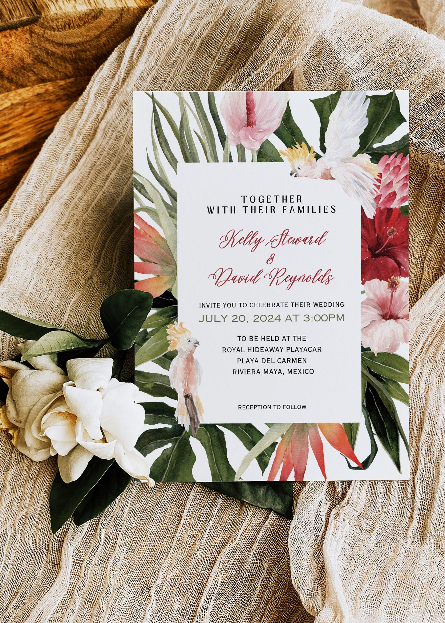 Beach Tropical Hibiscus Jungle Orchid Cockatoo Heart Watercolour Destination Wedding Save the Date Instant Download - "Hibiscus"