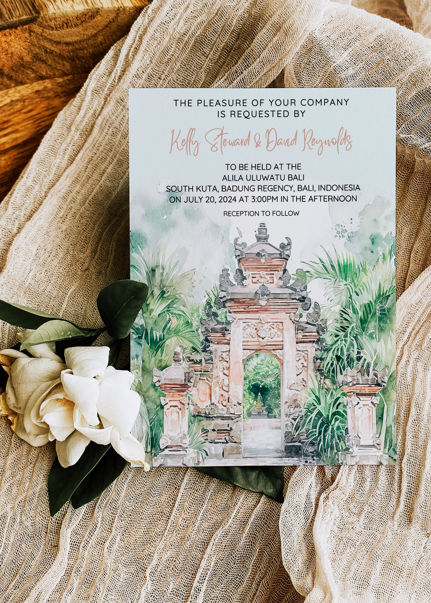 Bali Beach Tropical Palm Tree Jungle Temples Buddha Watercolour Destination Wedding Invitation and RSVP Suite Instant Download - "Bali"