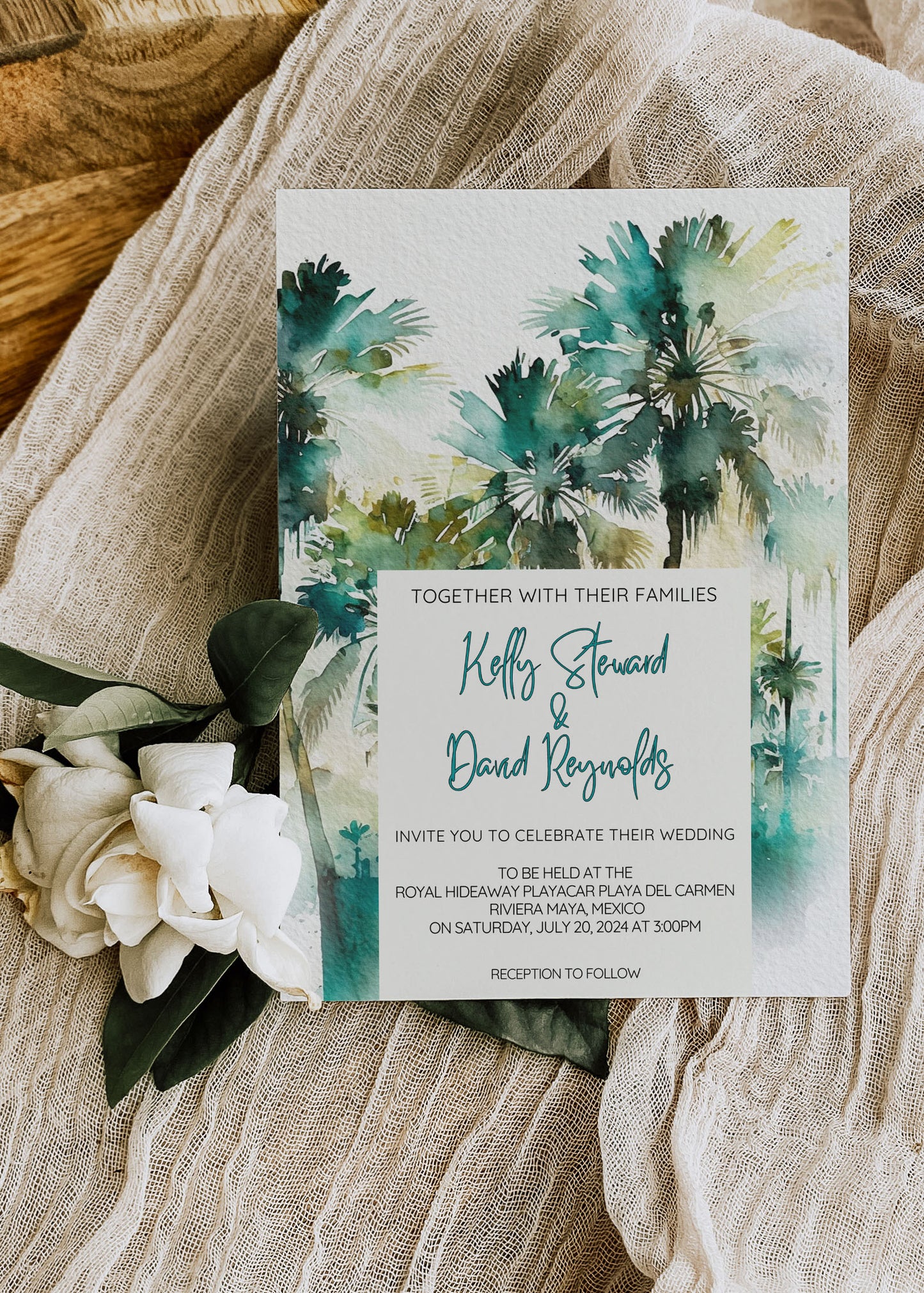 Beach Tropical Palm Tree Jungle Watercolour Destination Wedding Invitation and RSVP Suite Instant Download - "Tropical Palm"