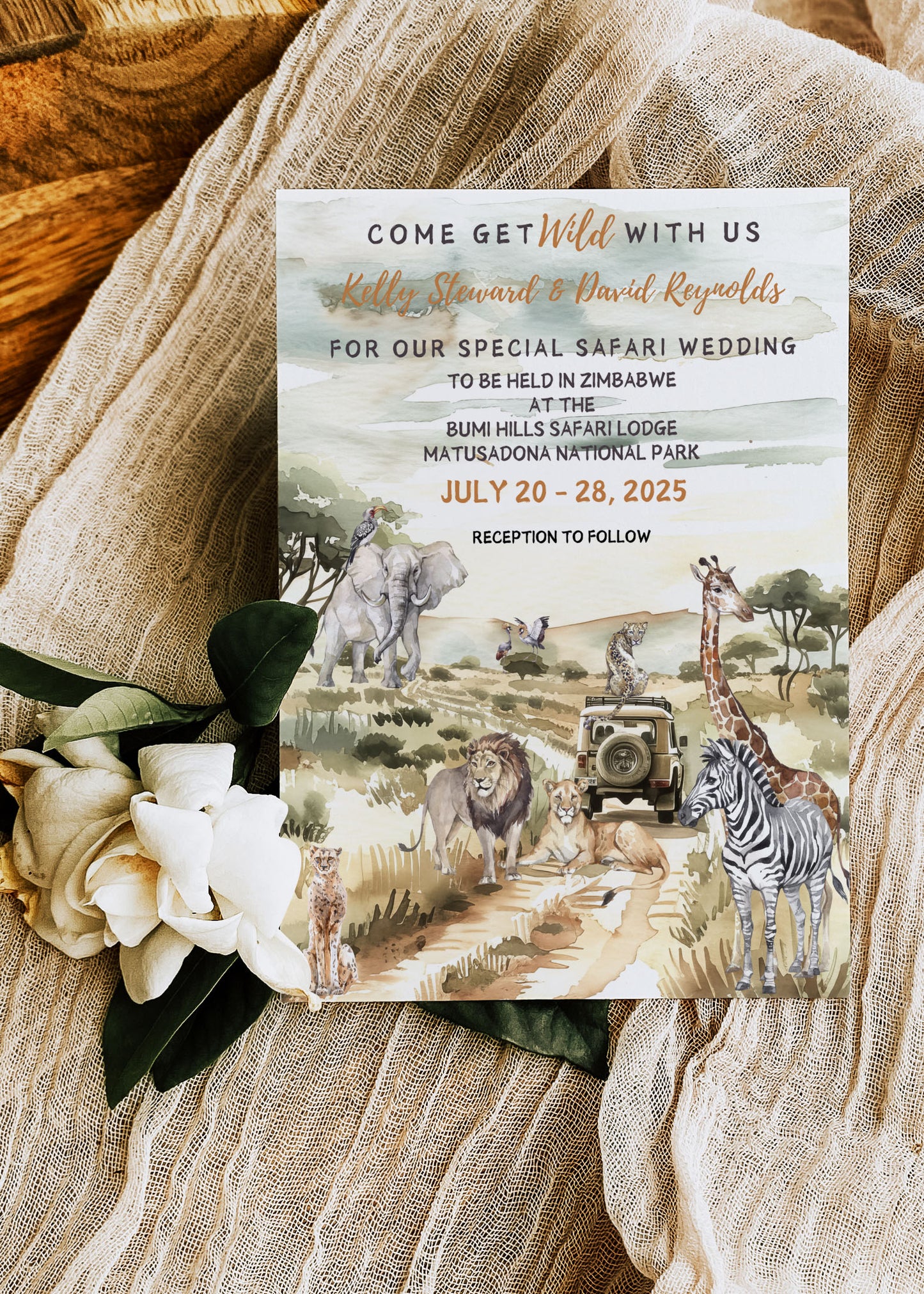 African Safari Savanna Wild Animal Tropical Palm Tree Watercolour Destination Wedding Accommodation 4.25x5.5" Instant Download - "African Safari"