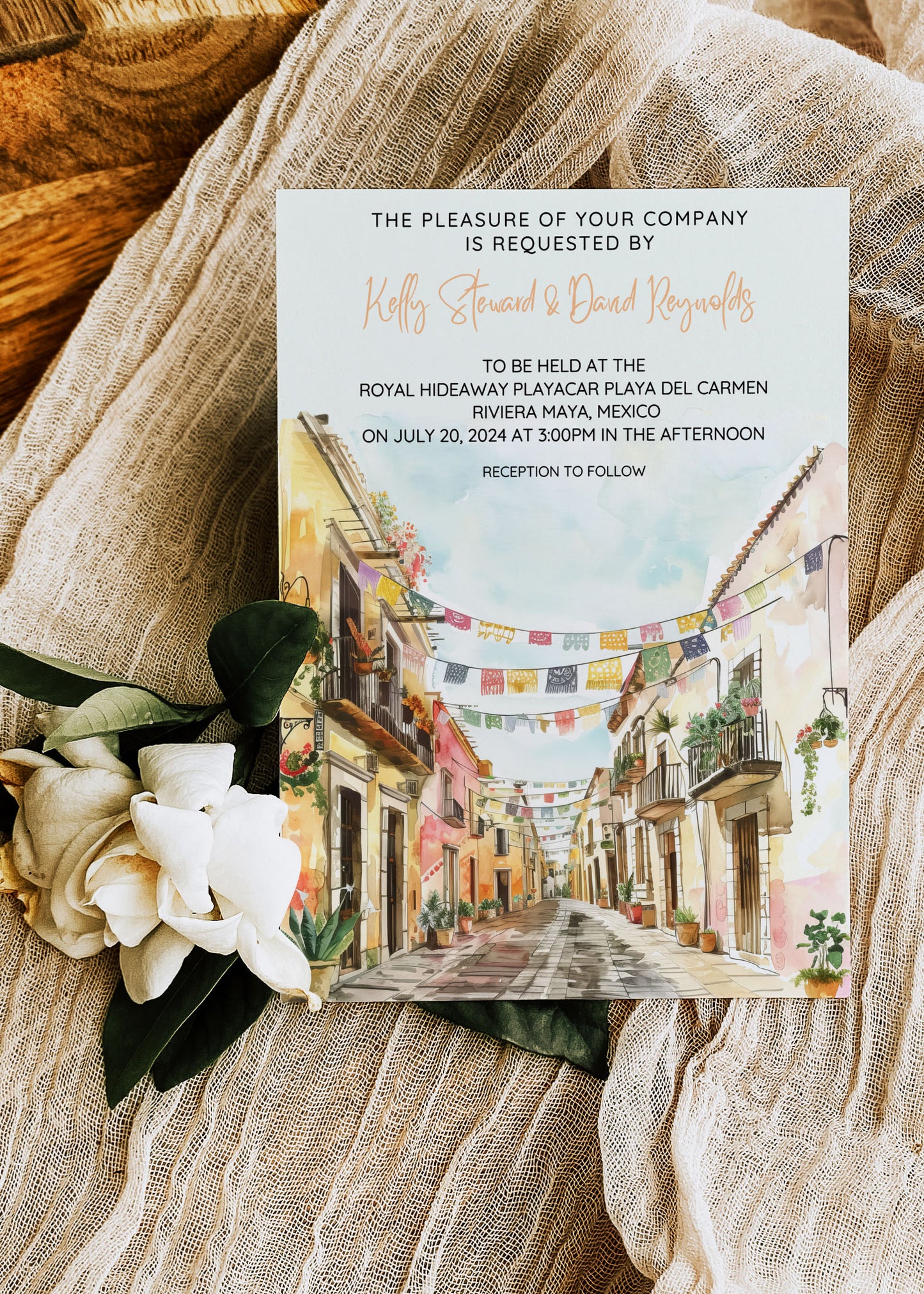 Mexico Beach Tropical Palm Tree Cactus Temple Church Watercolour Destination Wedding Accommodation 4.25x5.5" Instant Download - "Mexico"