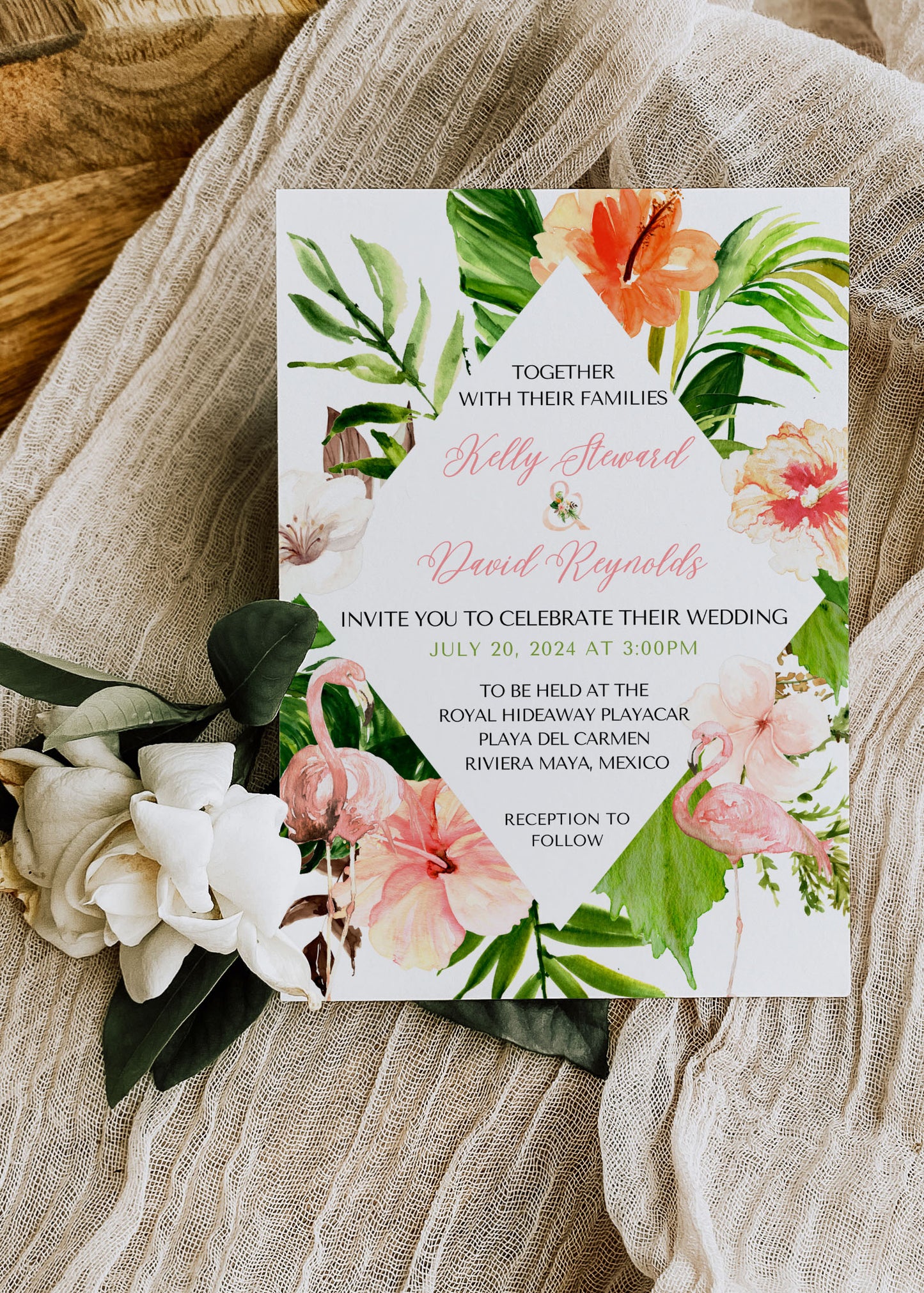 Beach Tropical Flamingo Hibiscus Frangipani Watercolour Destination Wedding Thank You Card 5.5x4.25" Instant Download - "Tropical Flamingo"