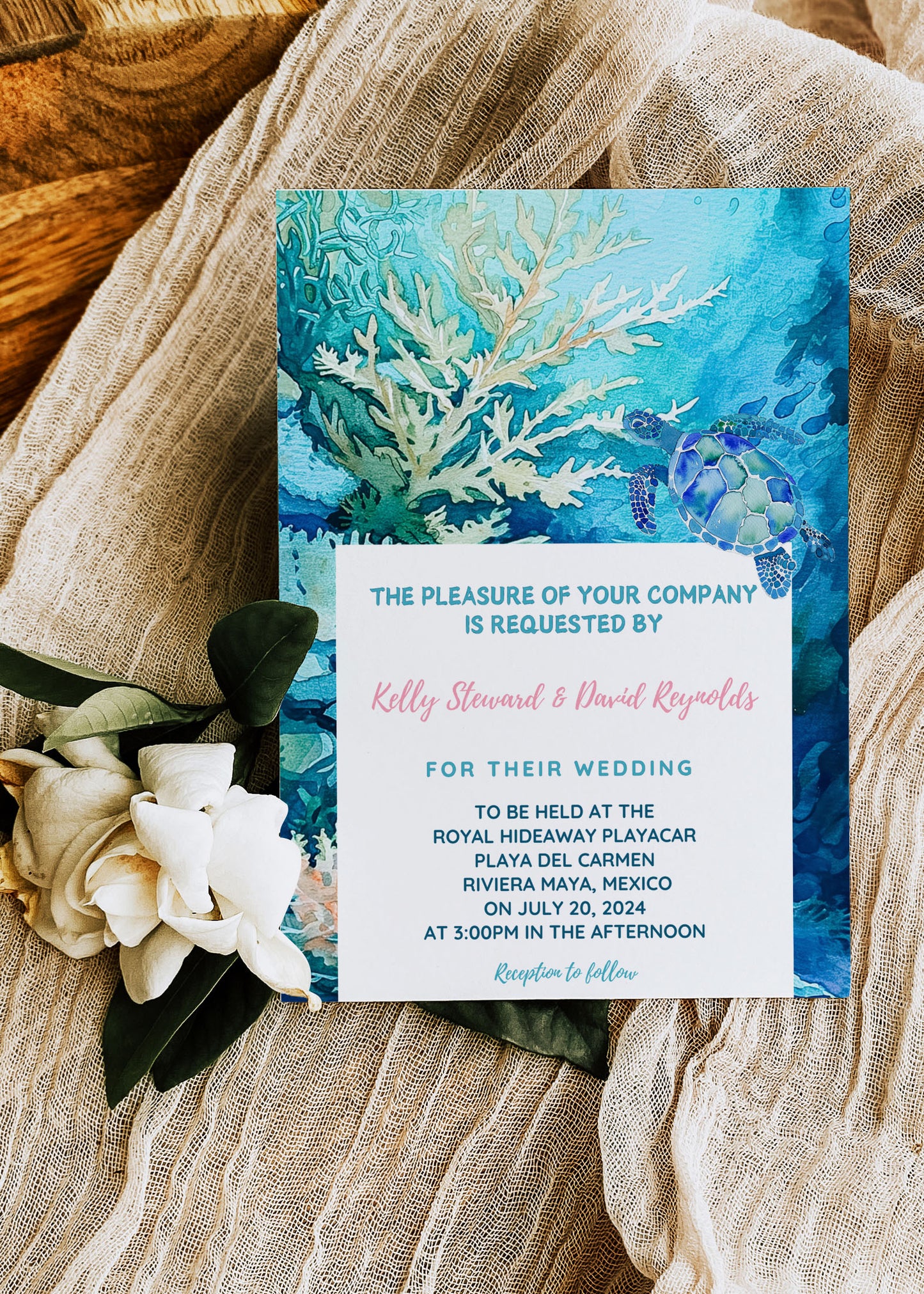 Beach Tropical Turtle Underwater Palm Tree Watercolour Destination Wedding Thank You Card 5.5x4.25" Instant Download - "Tropical Escape"