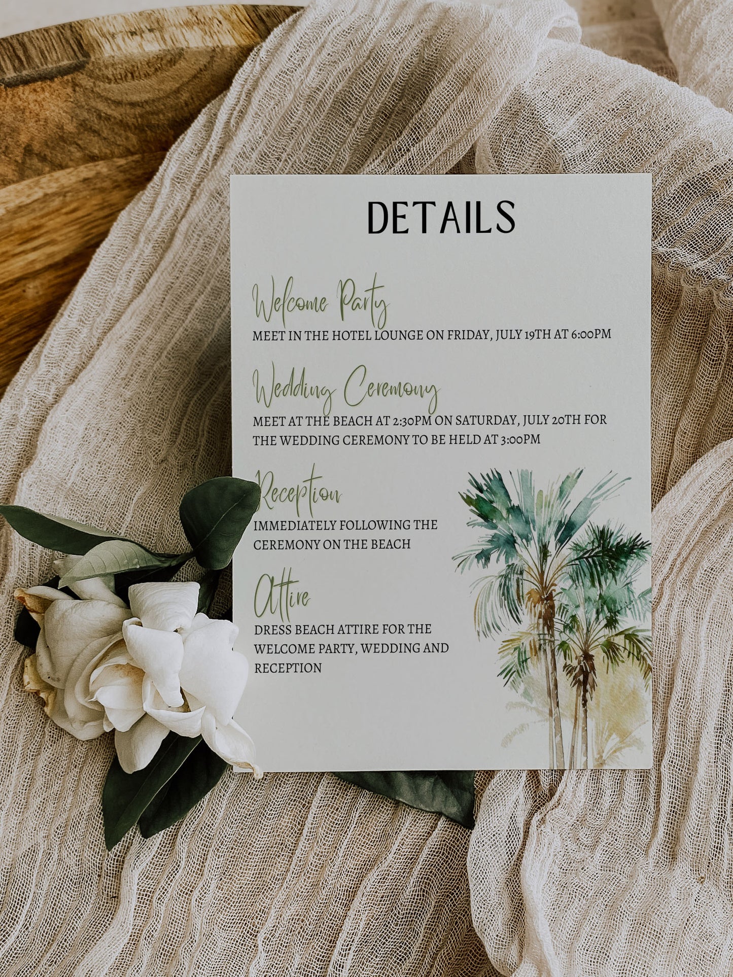 Beach Tropical Palm Trees Watercolour Destination Wedding Invitation and RSVP Suite Instant Download - "PALM TREES"