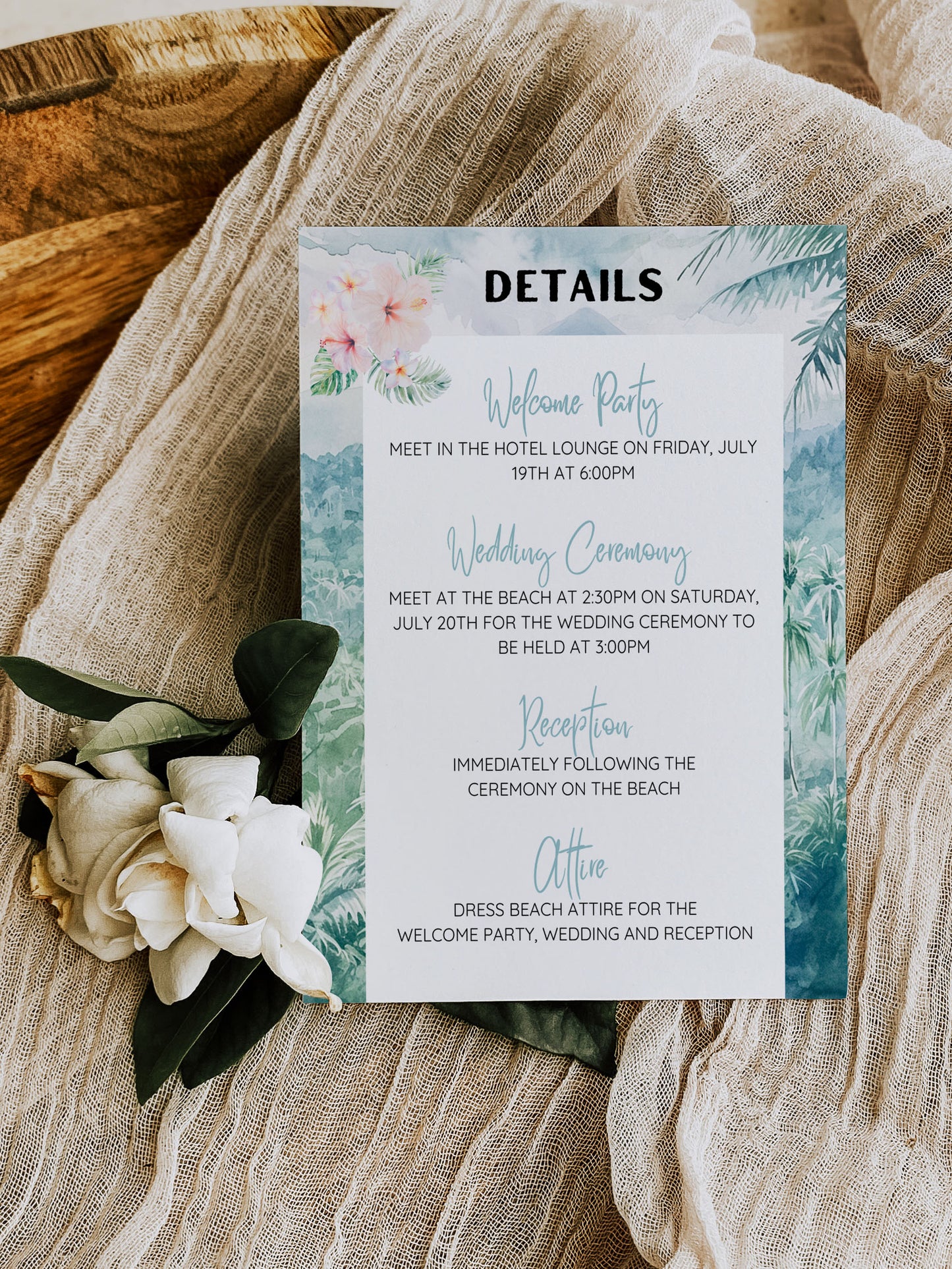 Bali Beach Tropical Palm Tree Jungle Temples Buddha Watercolour Destination Wedding Welcome Insert 4.25x5.5" Instant Download - "Bali"