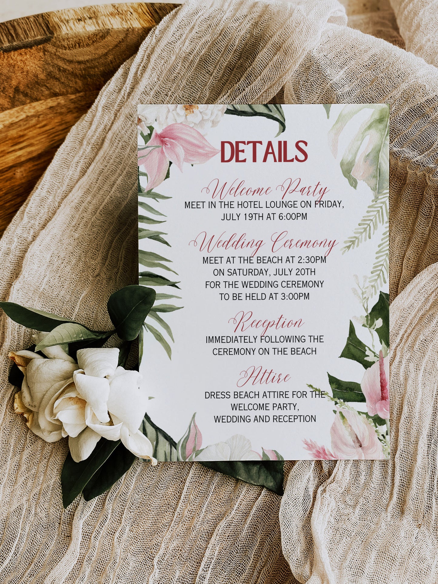 Beach Tropical Hibiscus Jungle Orchid Cockatoo Heart Watercolour Destination Wedding Save the Date Instant Download - "Hibiscus"