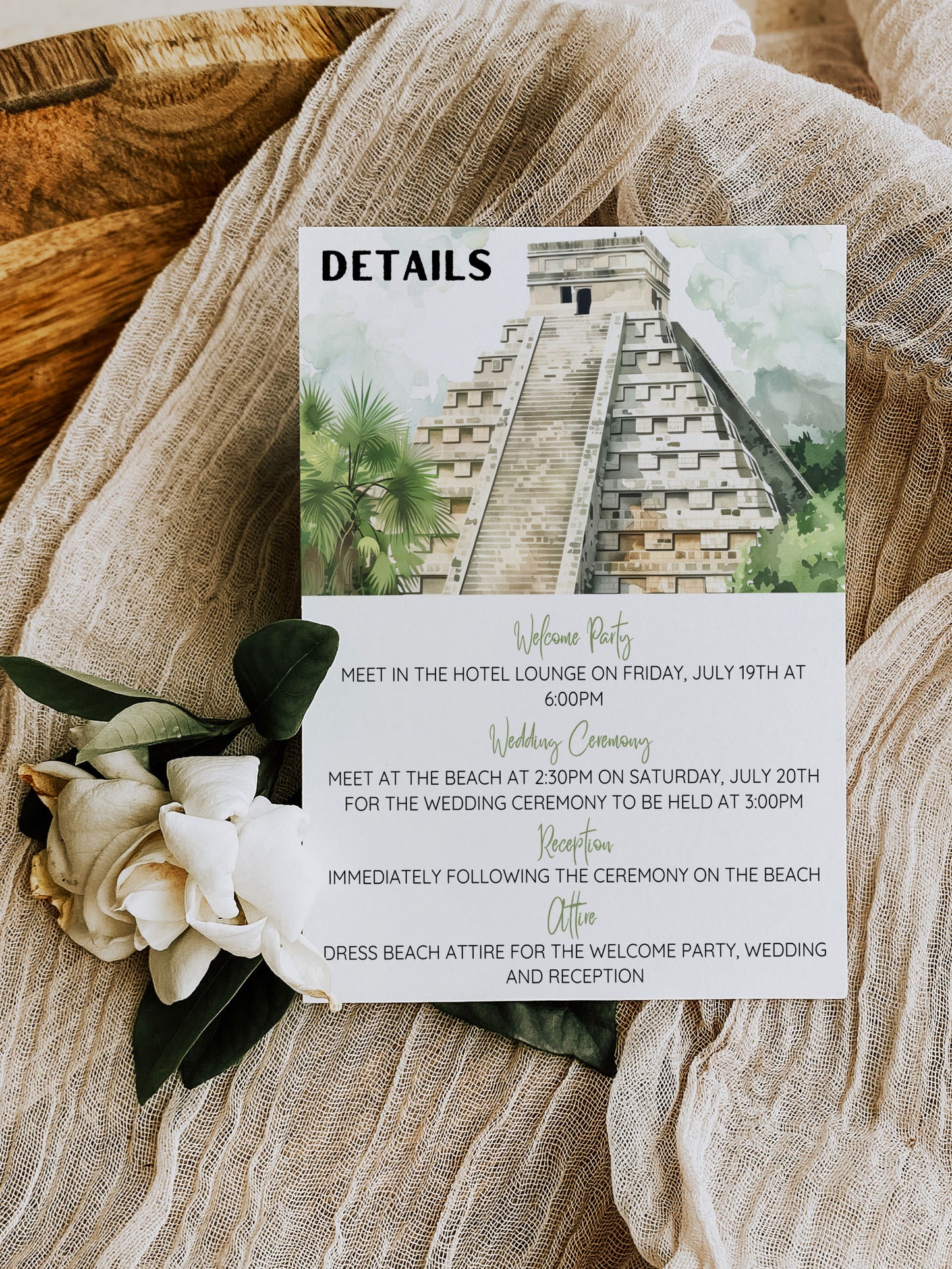 Mexico Beach Tropical Palm Tree Cactus Temple Church Watercolour Destination Wedding Accommodation 4.25x5.5" Instant Download - "Mexico"