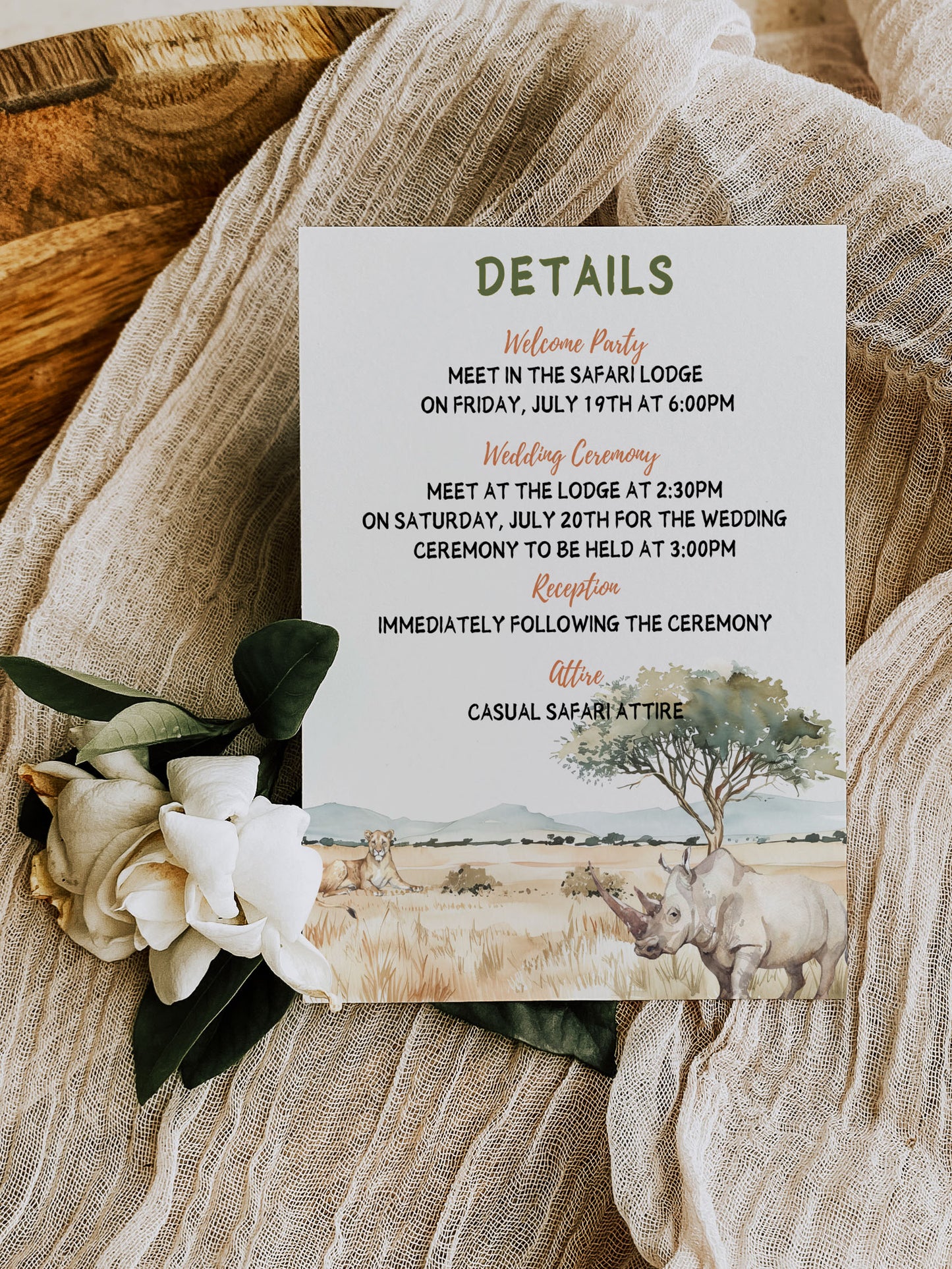 African Safari Savanna Wild Animal Tropical Palm Tree Watercolour Destination Wedding Accommodation 4.25x5.5" Instant Download - "African Safari"