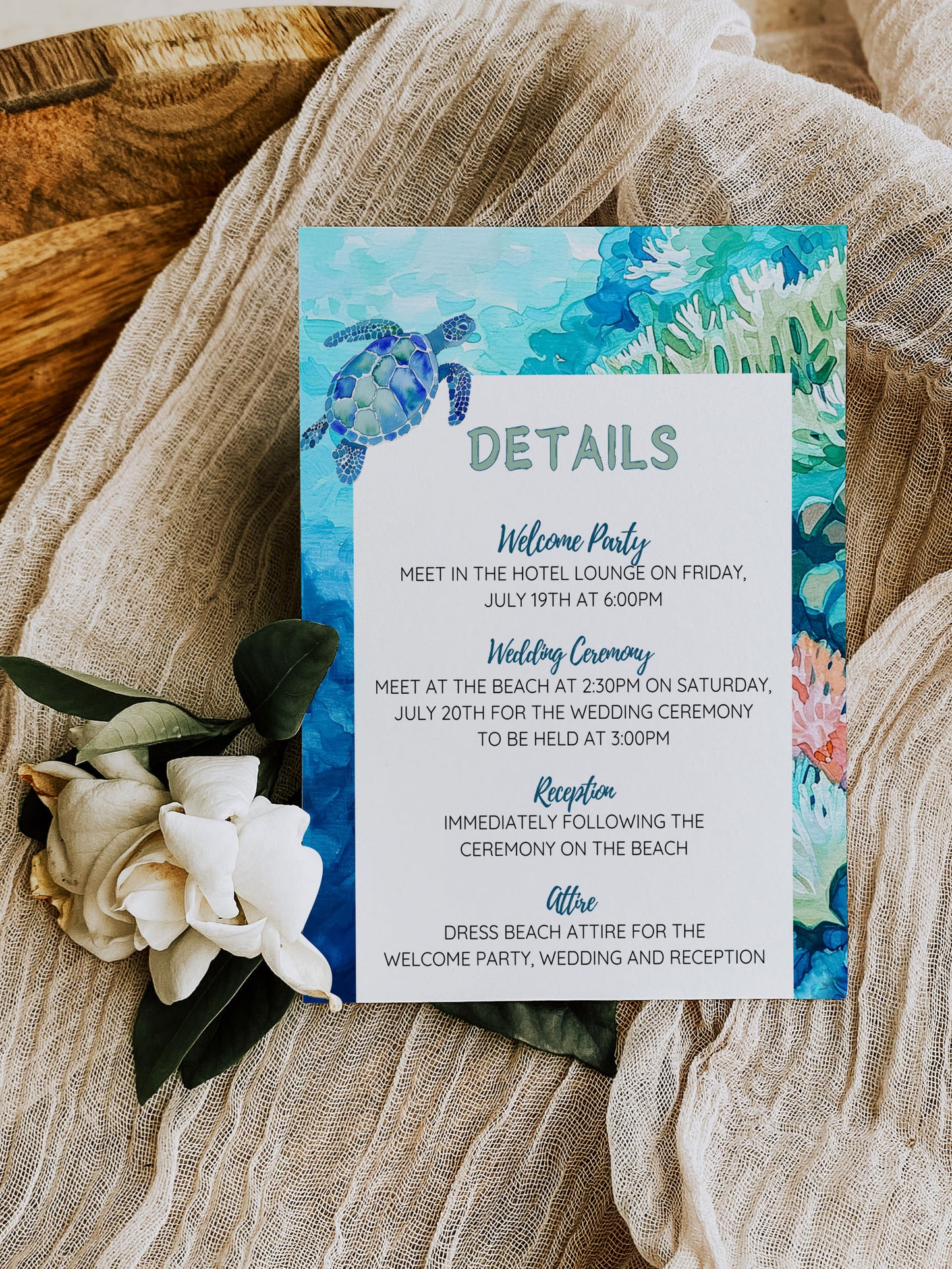 Beach Tropical Turtle Underwater Palm Tree Watercolour Destination Wedding Thank You Card 5.5x4.25" Instant Download - "Tropical Escape"