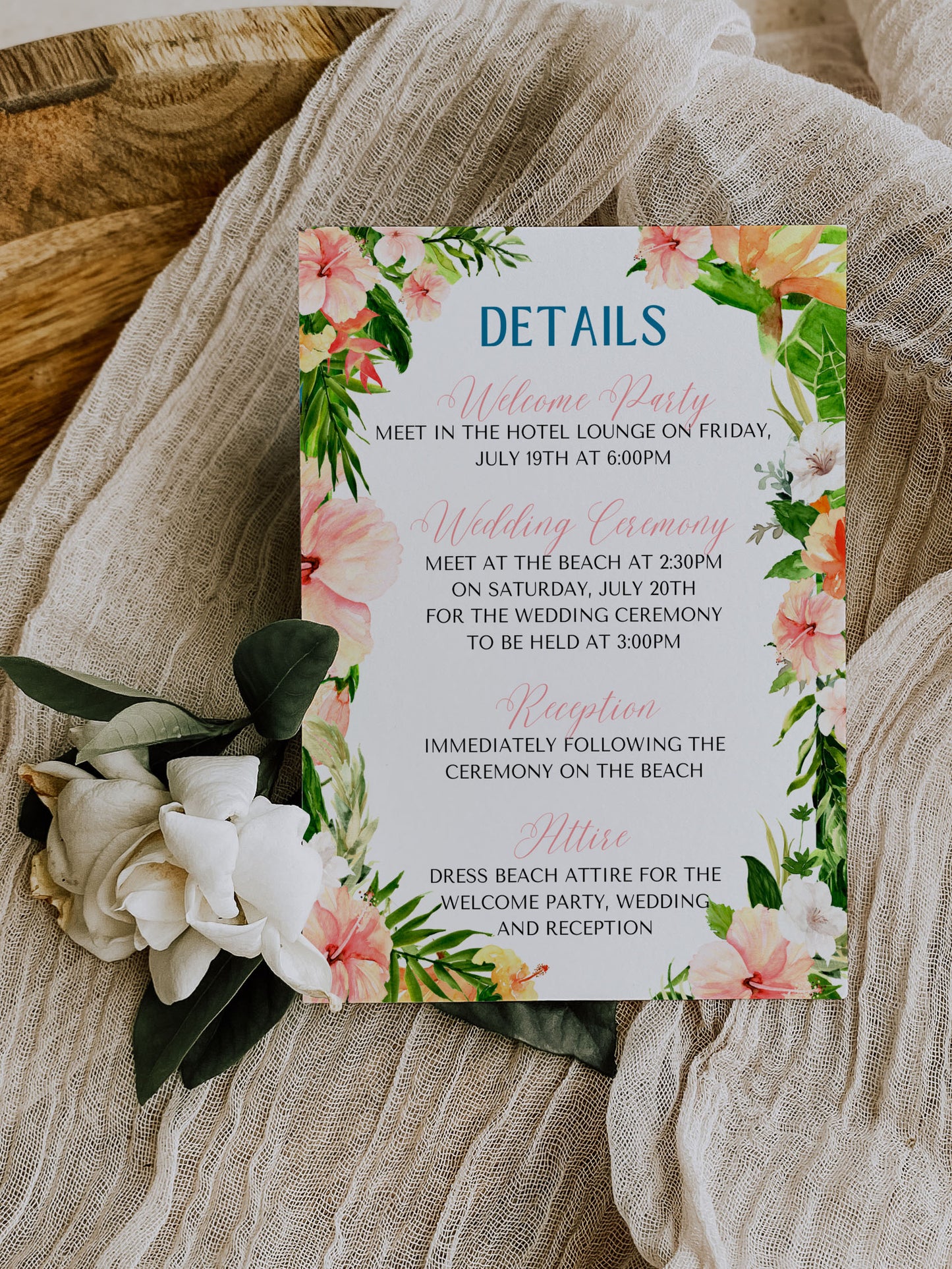 Beach Tropical Flamingo Hibiscus Frangipani Watercolour Destination Wedding Thank You Card 5.5x4.25" Instant Download - "Tropical Flamingo"