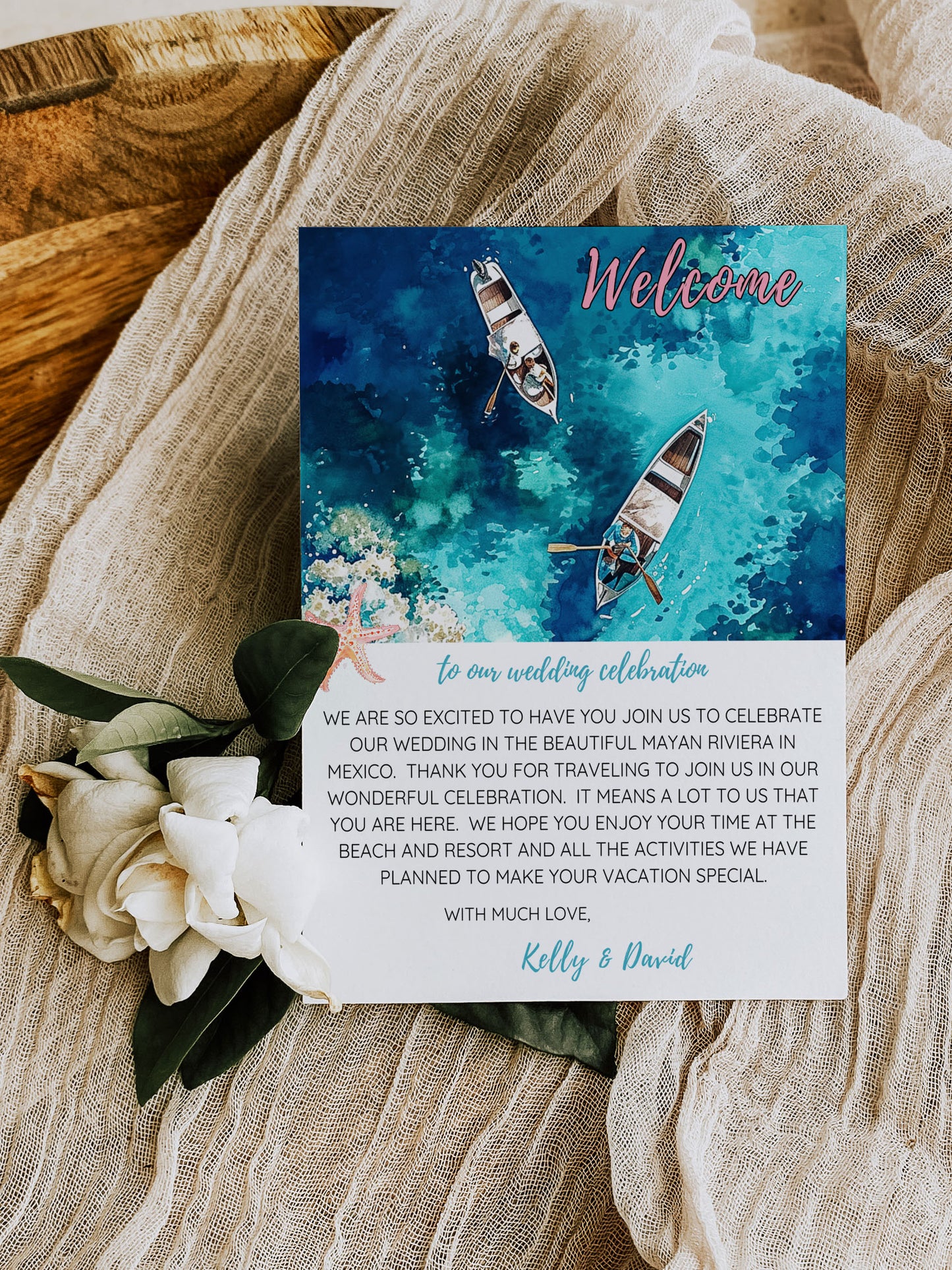 Beach Tropical Turtle Underwater Palm Tree Watercolour Destination Wedding Thank You Card 5.5x4.25" Instant Download - "Tropical Escape"