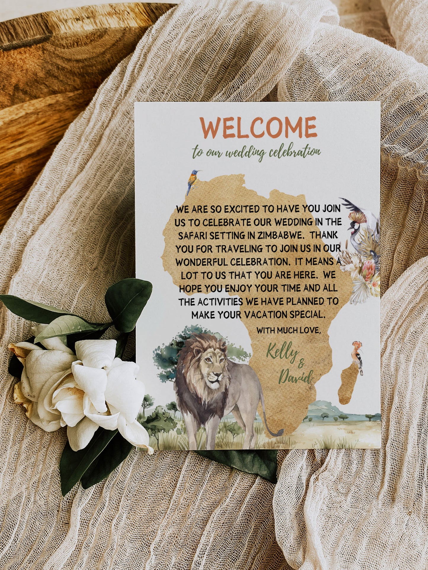 African Safari Savanna Wild Animal Tropical Palm Tree Watercolour Destination Wedding Accommodation 4.25x5.5" Instant Download - "African Safari"
