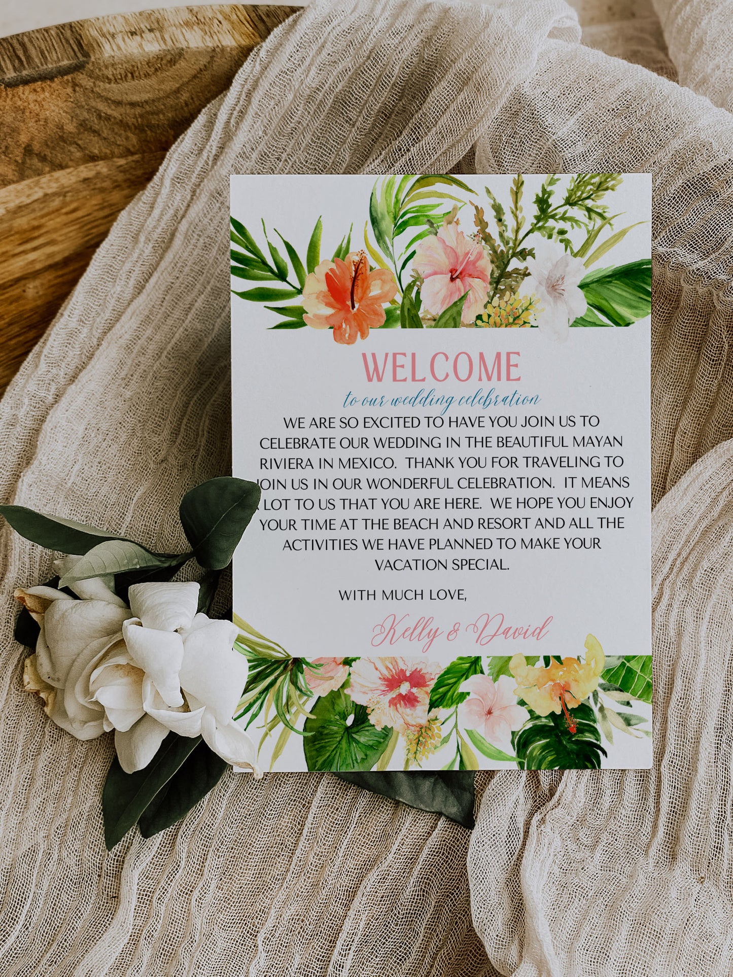 Beach Tropical Flamingo Hibiscus Frangipani Watercolour Destination Wedding Thank You Card 5.5x4.25" Instant Download - "Tropical Flamingo"