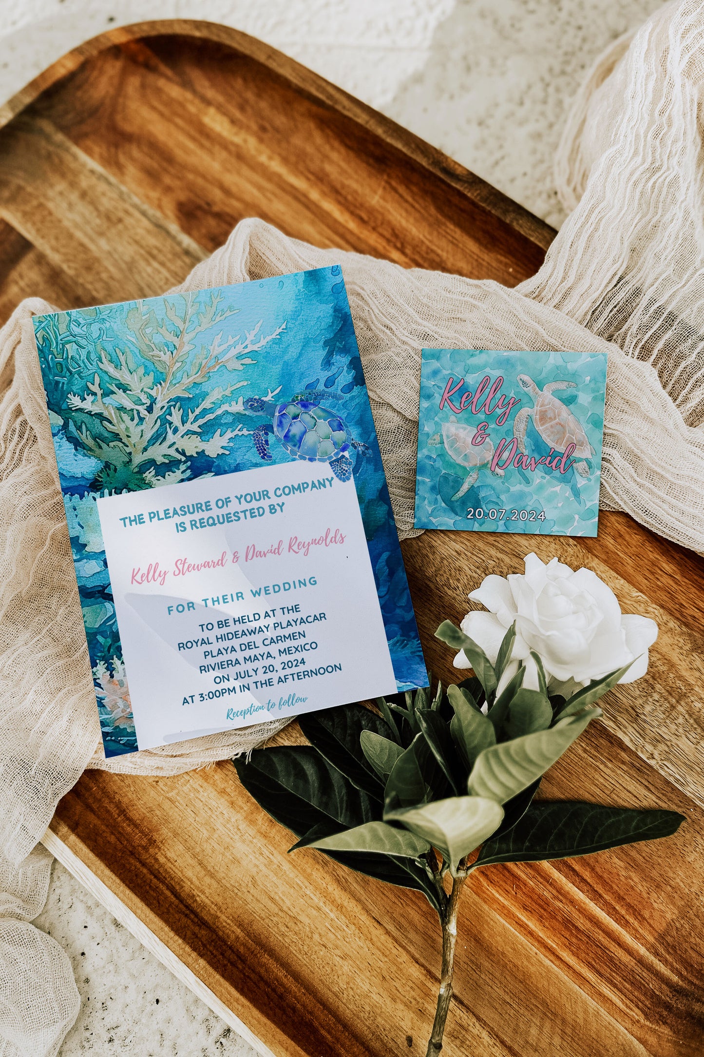 Beach Tropical Turtle Underwater Palm Tree Watercolour Destination Wedding Invitation and RSVP Suite Instant Download - "Tropical Escape"