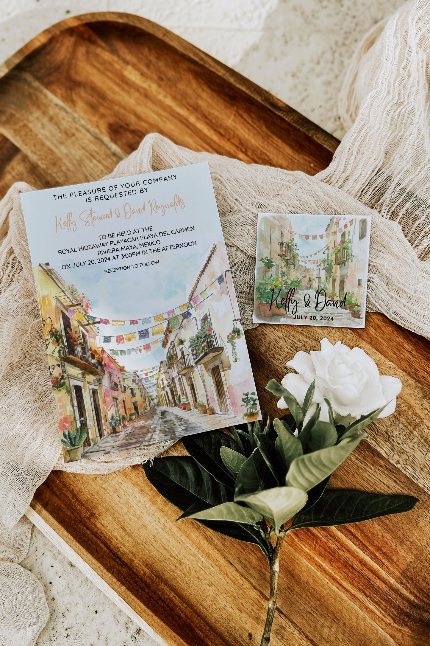 Mexico Beach Tropical Palm Tree Cactus Temple Church Watercolour Destination Wedding Invitation and RSVP Suite Instant Download - "Mexico"