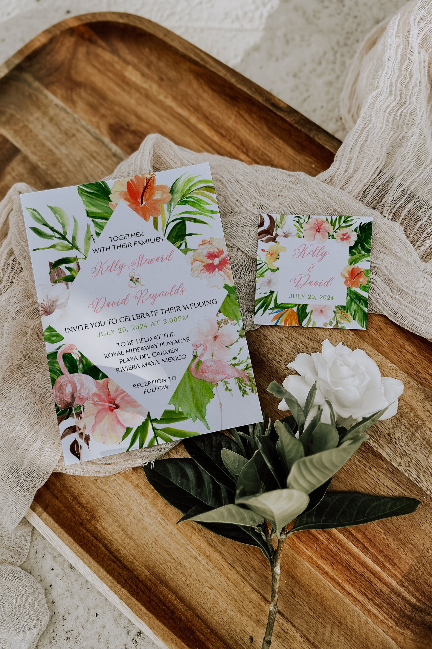 Beach Tropical Flamingo Hibiscus Frangipani Watercolour Destination Wedding Invitation and RSVP Suite Instant Download - "Tropical Flamingo"