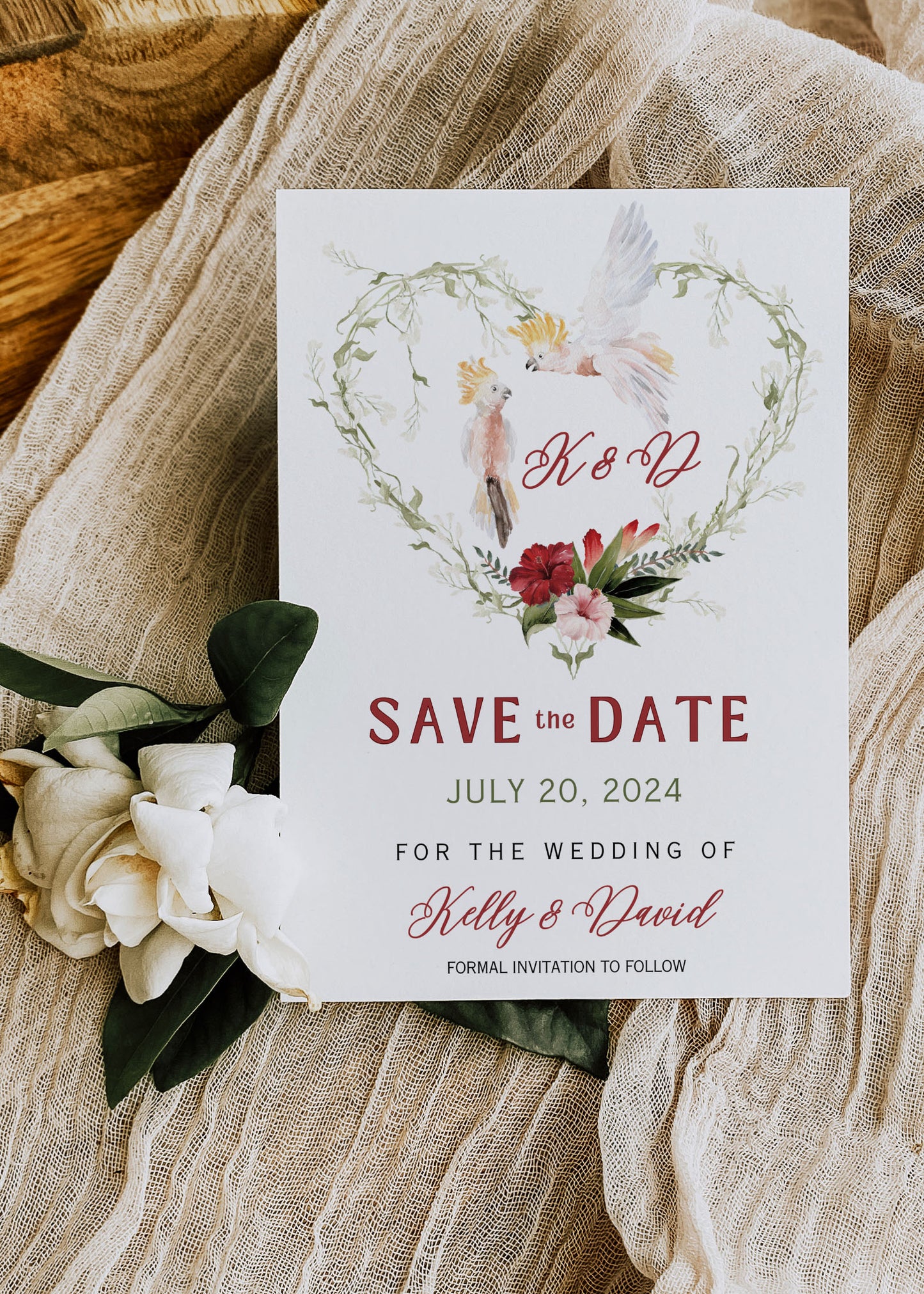Beach Tropical Hibiscus Jungle Orchid Cockatoo Heart Watercolour Destination Wedding Save the Date Instant Download - "Hibiscus"