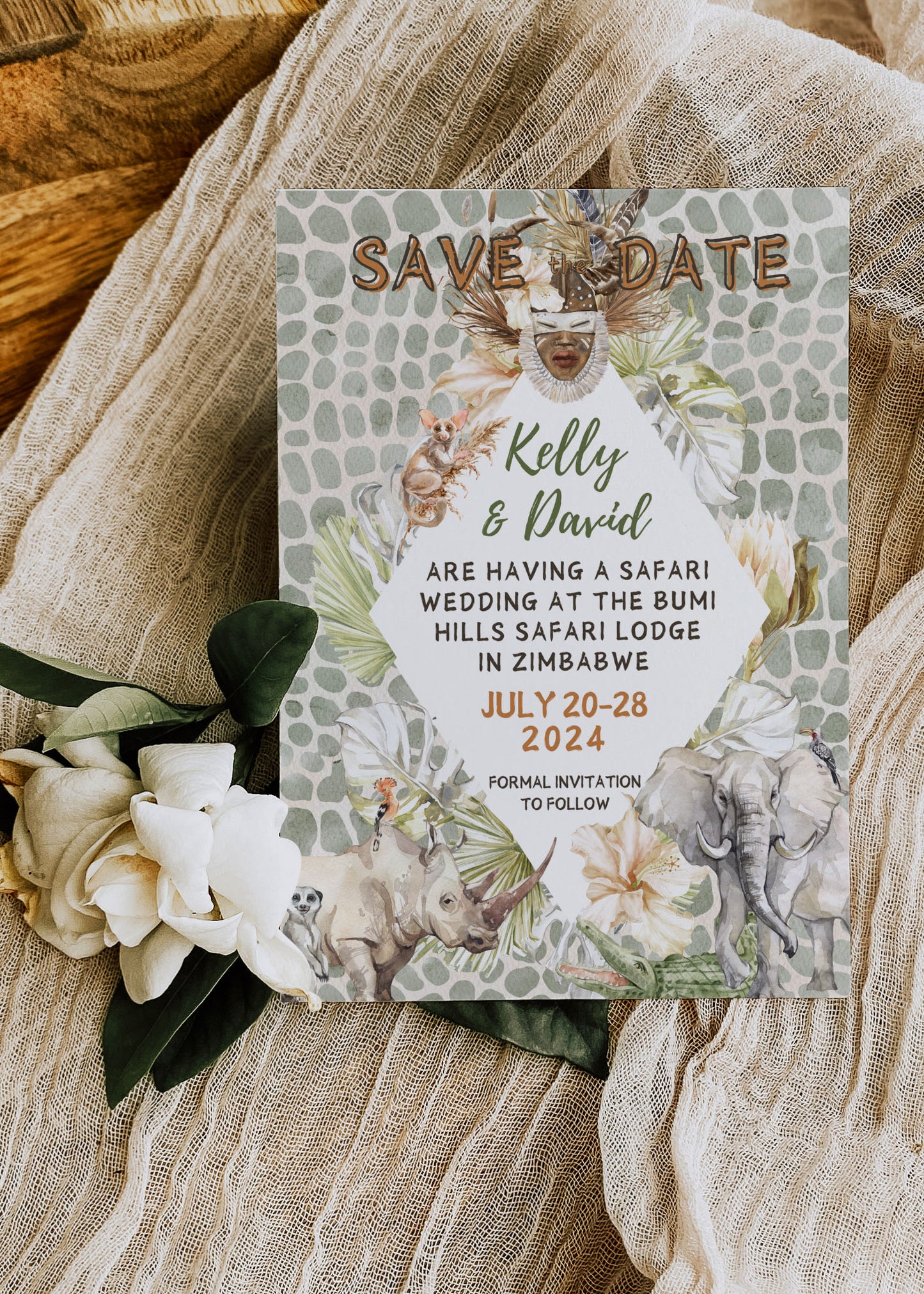 African Safari Savanna Wild Animal Tropical Palm Tree Watercolour Destination Wedding Accommodation 4.25x5.5" Instant Download - "African Safari"