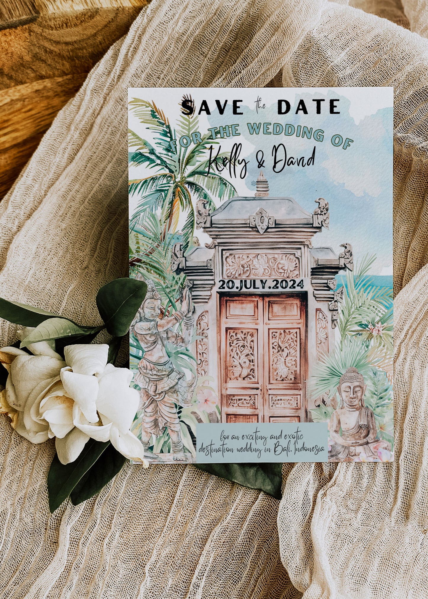 Bali Beach Tropical Palm Tree Jungle Temples Buddha Watercolour Destination Wedding Invitation and RSVP Suite Instant Download - "Bali"