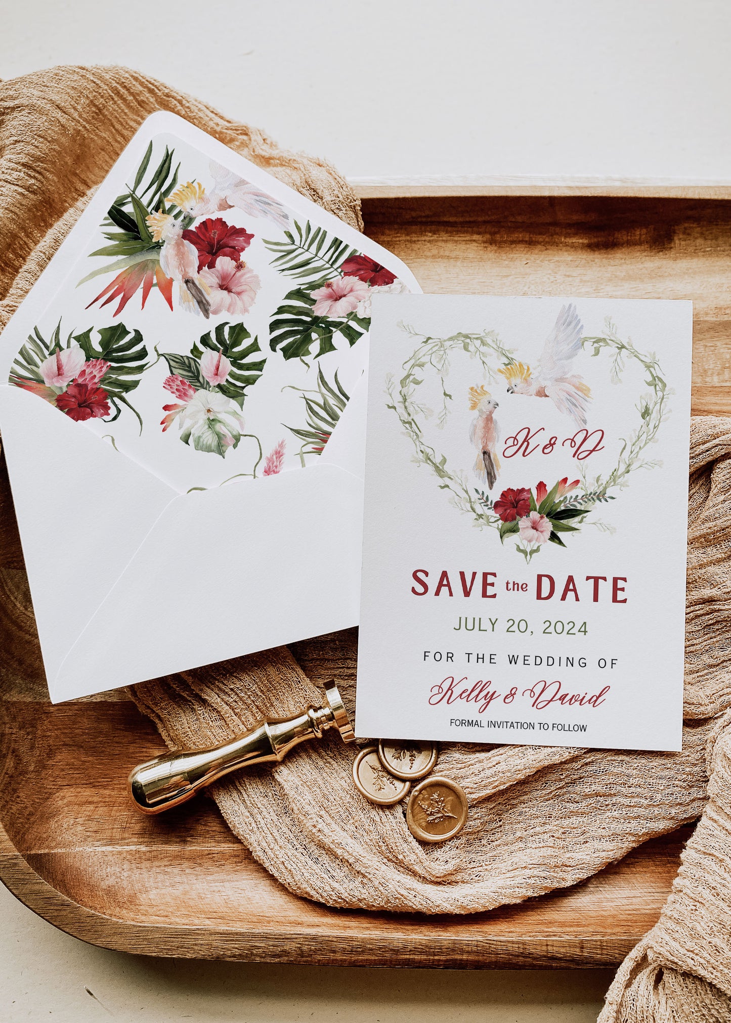 Beach Tropical Hibiscus Jungle Orchid Cockatoo Heart Watercolour Destination Wedding Save the Date Instant Download - "Hibiscus"
