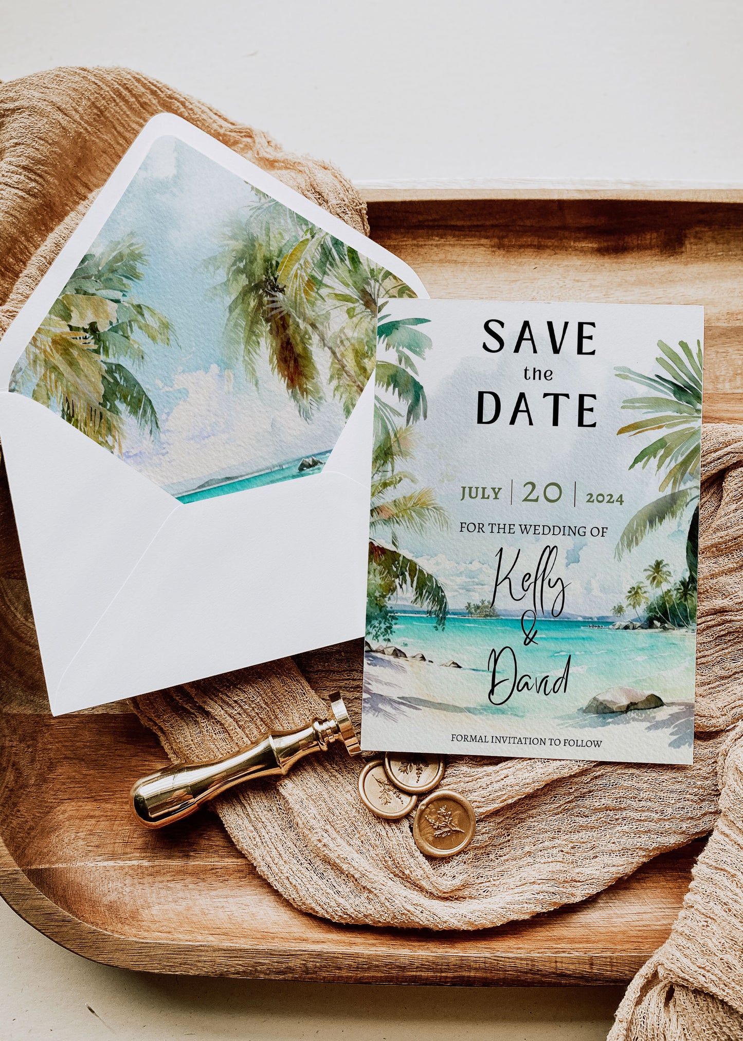Digital "Instant Download" Beach Tropical Palm Trees Watercolour Destination Wedding A7 & A2 Euro Flap Envelope Liners - "PALM TREES"