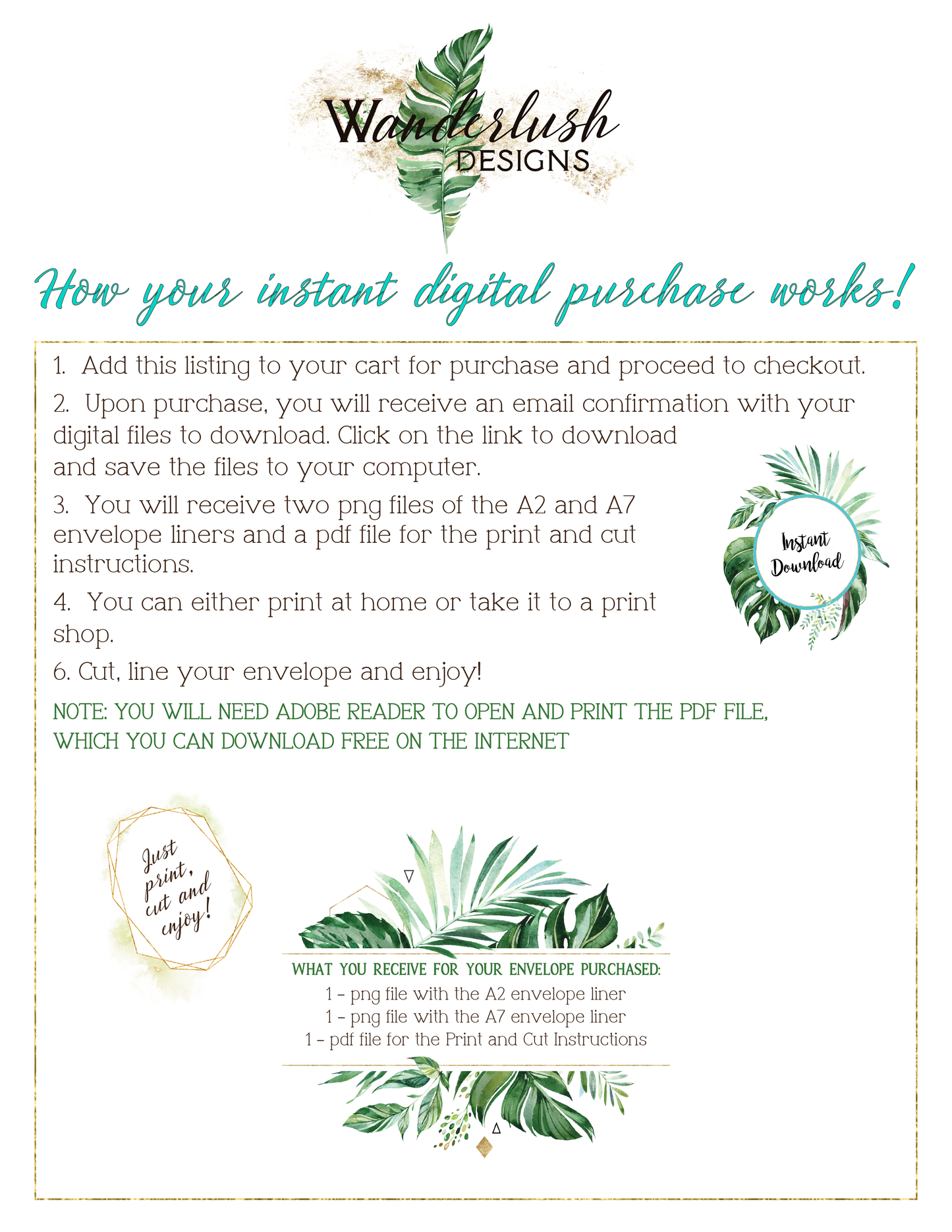 Digital "Instant Download" Beach Tropical Palm Tree Watercolour Destination Wedding A7 & A2 Euro Flap Envelope Liners - "Tropical Palm"