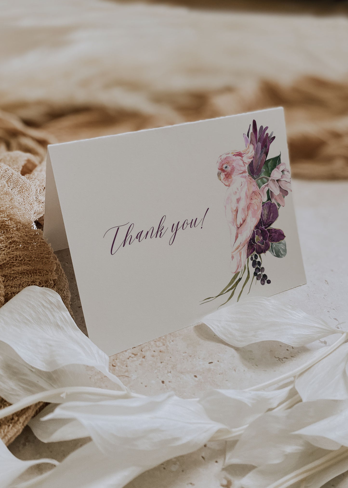 Tropical Beach Floral Cockatoo Watercolour Destination Wedding Thank You Card 5.5x4.25" Folded Instant Download - "Tropical Floral"