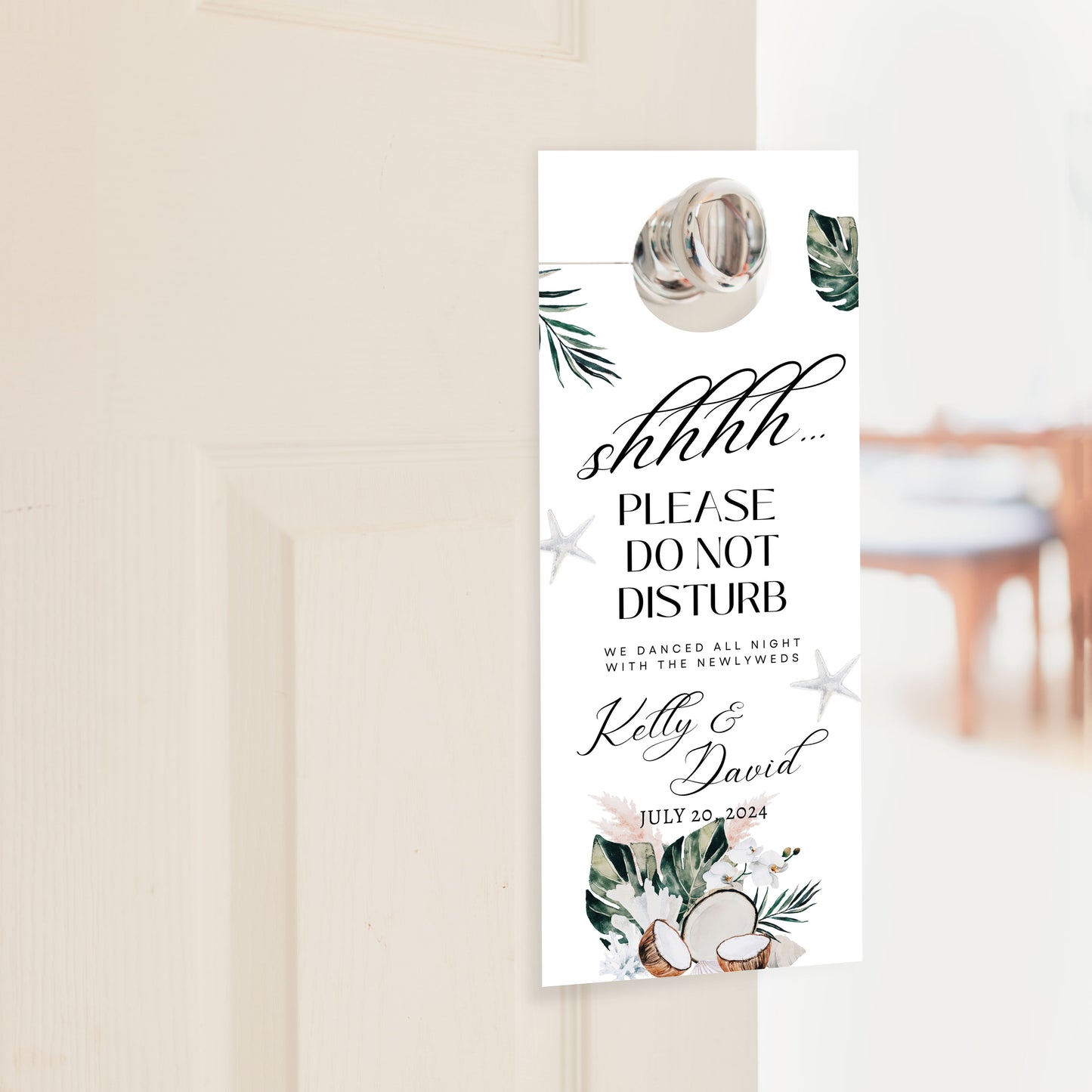 Beach Tropical Sea Shells Coral Coconut Watercolour Destination Wedding Door Hanger Sign 3.5x8.5" Instant Download - "WHITE CORAL"