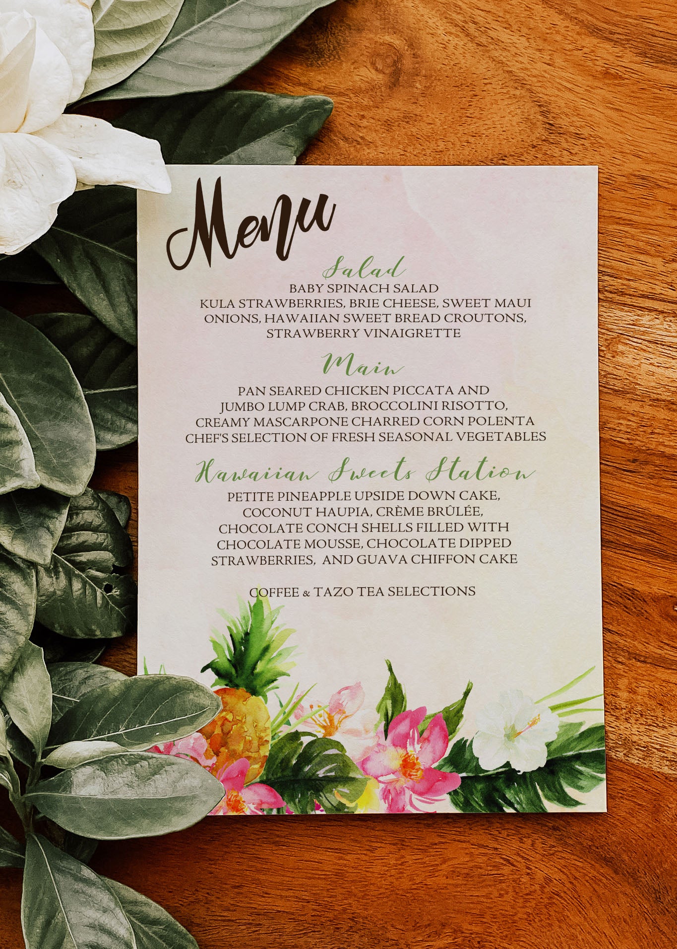 Digital Tropical Floral Watercolor Beach Destination Wedding 5x7" or 4x9" Menu - 'TROPICAL LUSH"