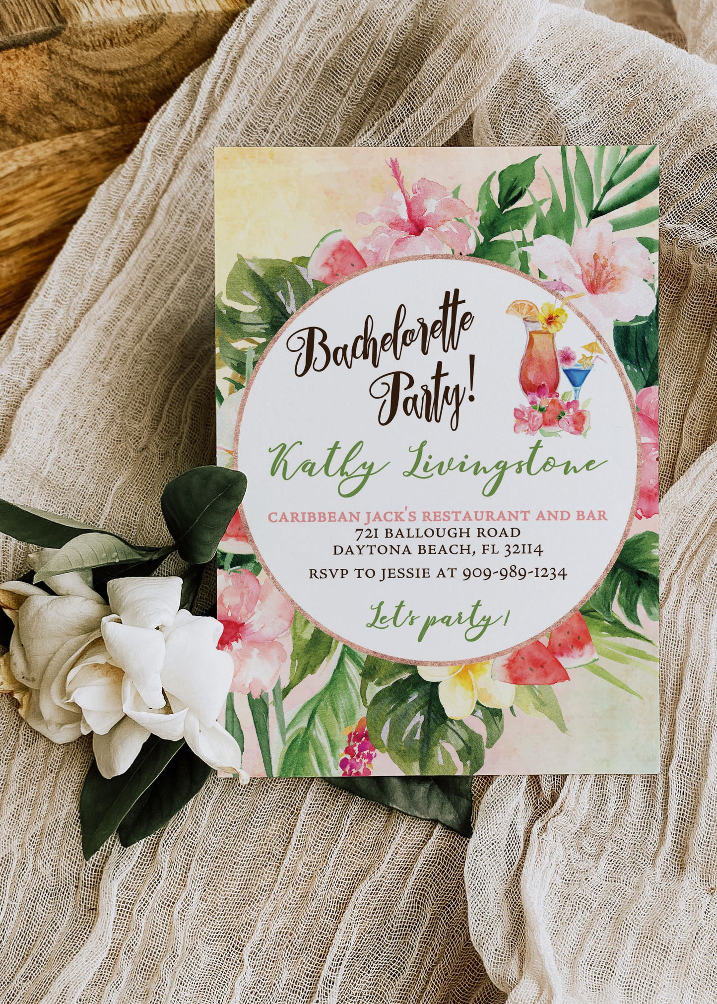 Tropical Floral Watercolor Beach Destination Wedding Bachelorette Party Invitation Digital - 'TROPICAL LUSH"