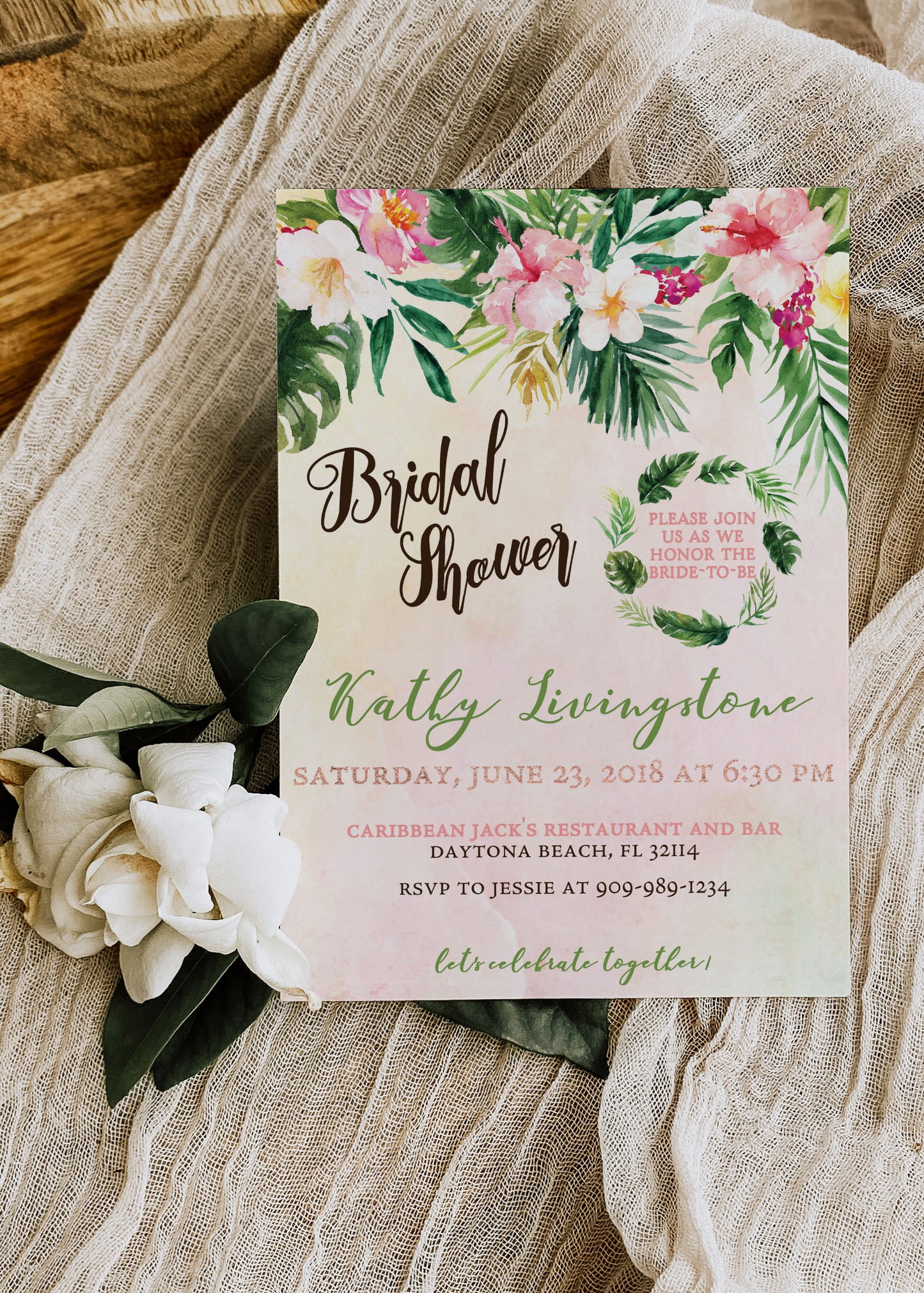 Tropical Floral Watercolor Beach Destination Wedding Bridal Shower Invitation Digital - 'TROPICAL LUSH"