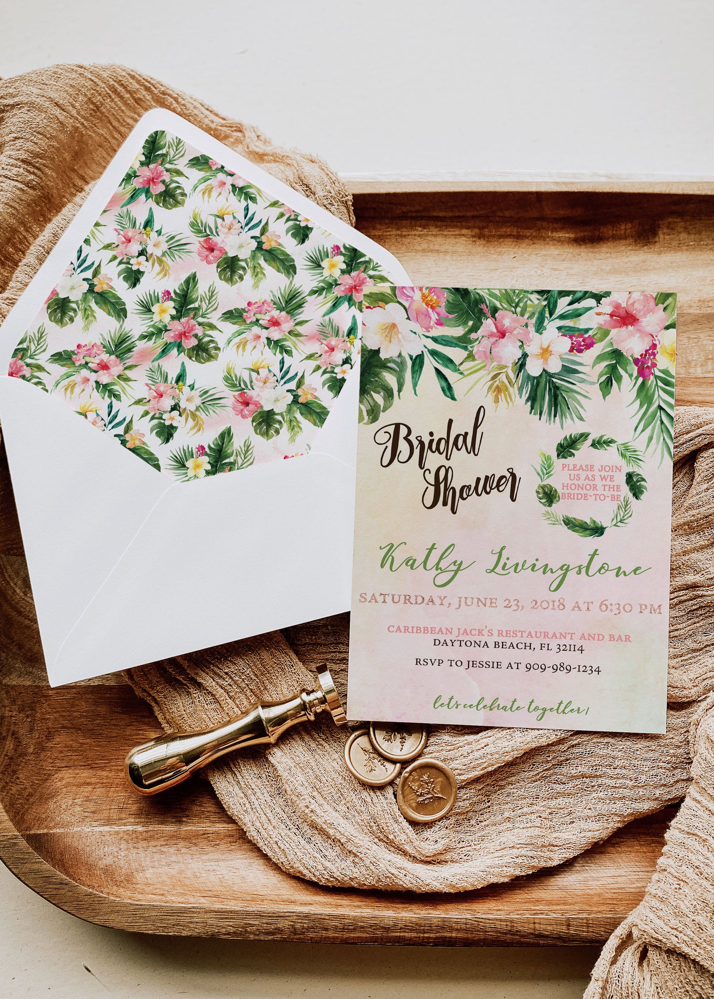 Tropical Floral Watercolor Beach Destination Wedding Bridal Shower Invitation Digital - 'TROPICAL LUSH"