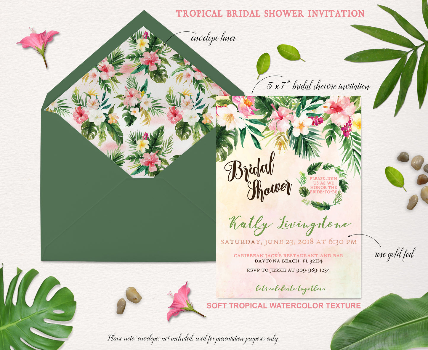 Tropical Floral Watercolor Beach Destination Wedding Bridal Shower Invitation Digital - 'TROPICAL LUSH"