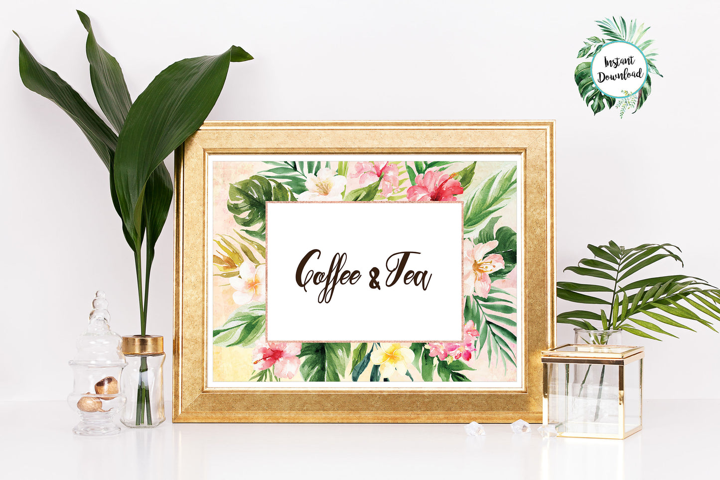 Tropical Floral Watercolor Beach Destination "Coffee & Tea" 5x7 Sign Digital "Instant Download" - 'TROPICAL LUSH"