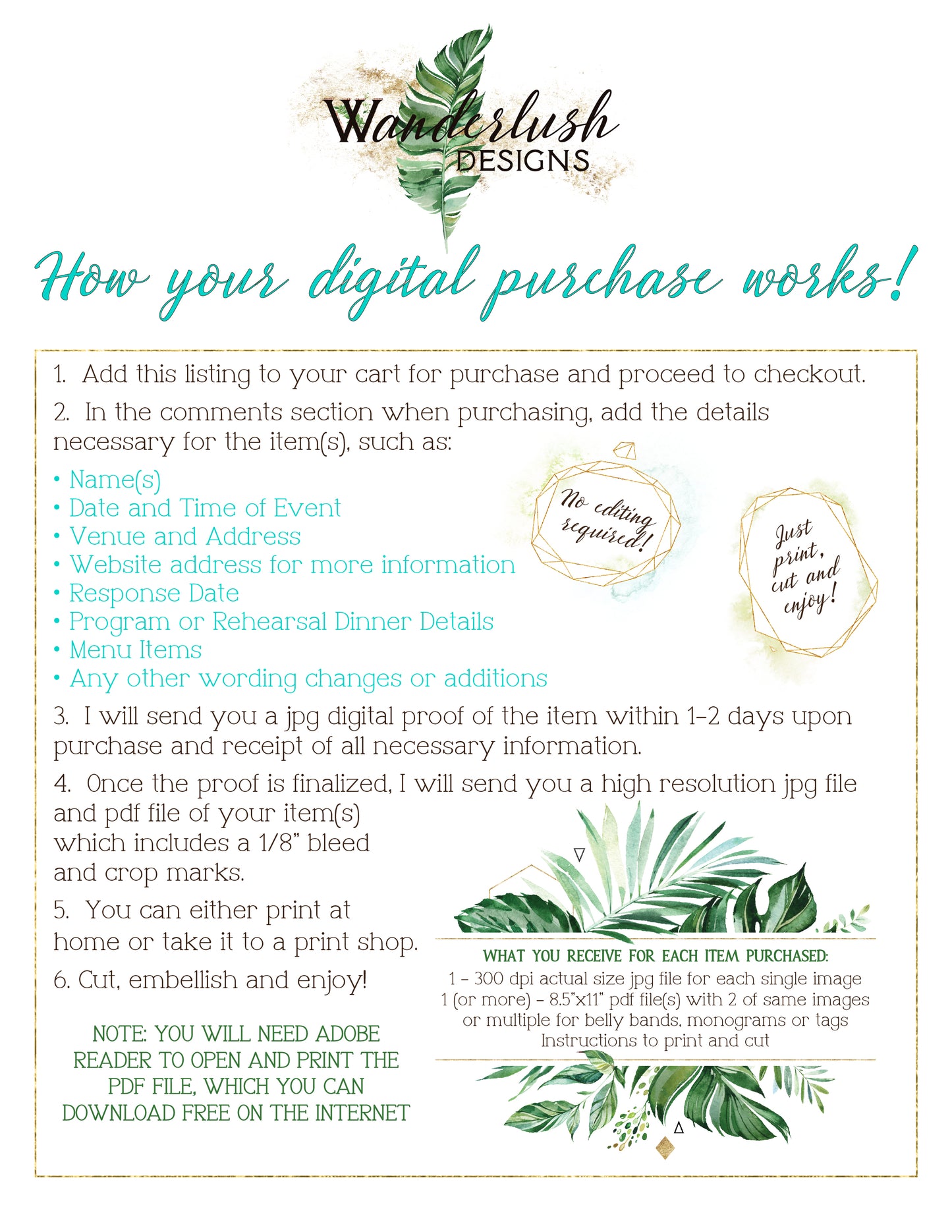 Digital Tropical Floral Watercolor Beach Destination Wedding 5x7" or 4x9" Menu - 'TROPICAL LUSH"