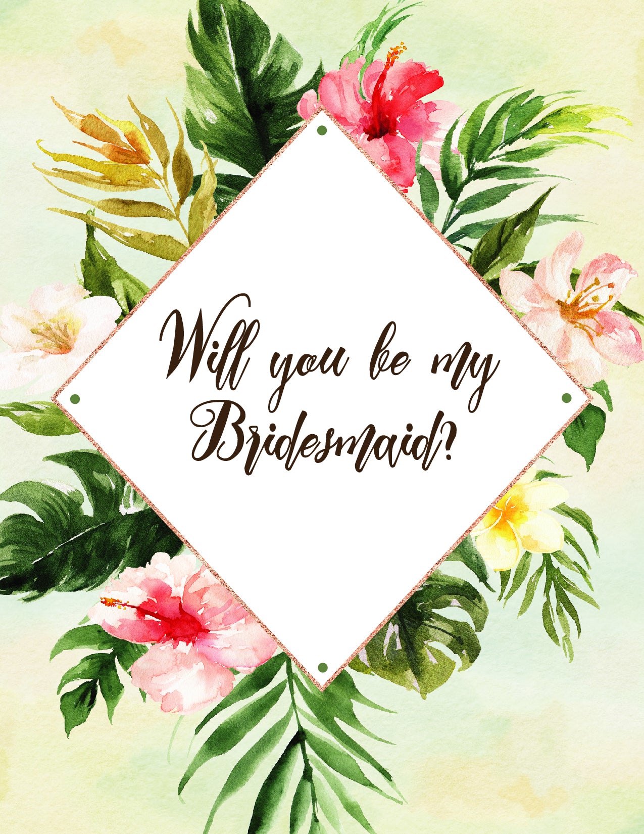 Tropical Floral Watercolor Beach Destination "Will you be my Bridesmaid" Digital "Instant Download" Invitation 2 - 'TROPICAL LUSH"