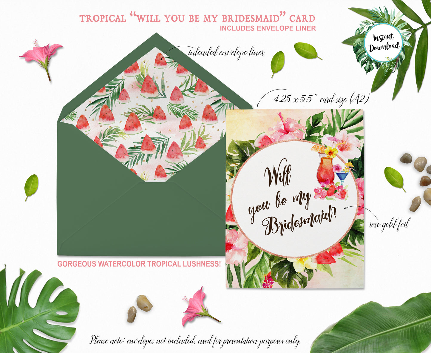 Tropical Floral Watercolor Beach Destination "Will you be my Bridesmaid" Digital "Instant Download" Invitation 5 - 'TROPICAL LUSH"