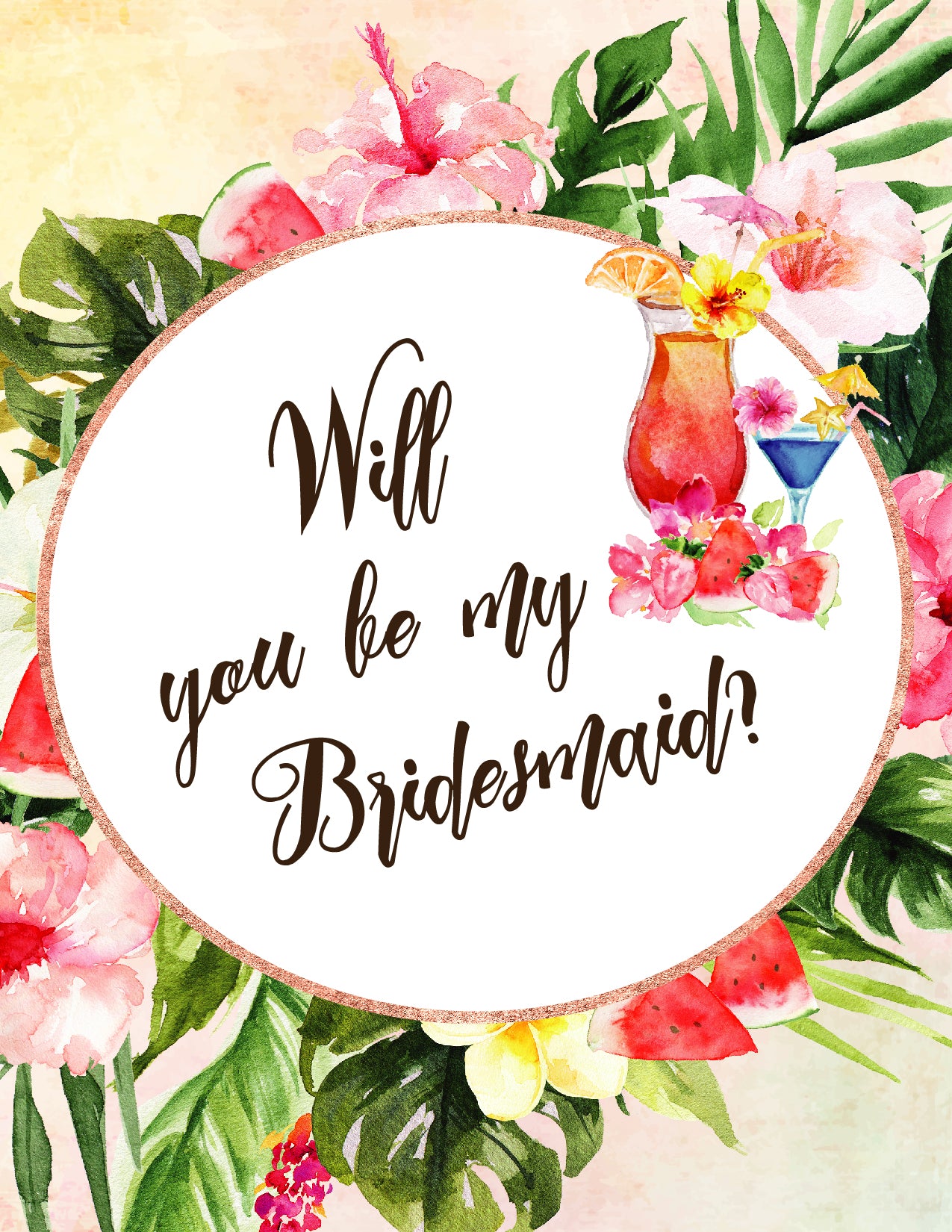 Tropical Floral Watercolor Beach Destination "Will you be my Bridesmaid" Digital "Instant Download" Invitation 5 - 'TROPICAL LUSH"