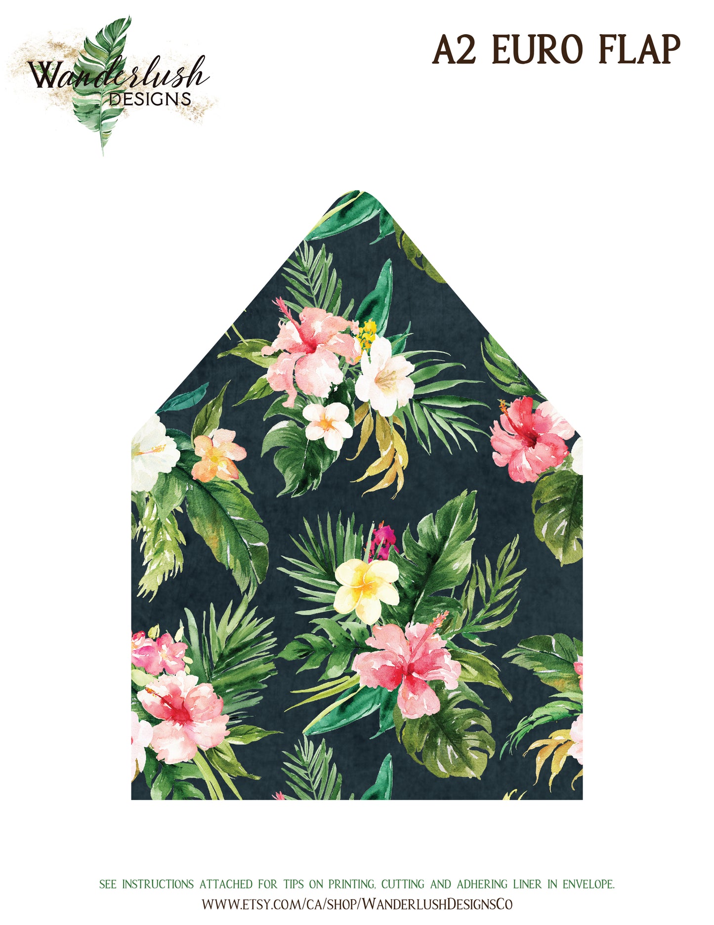 Tropical Floral Watercolor A7 & A2 Euro Flap Envelope Liners 3 Digital "Instant Download" - 'TROPICAL LUSH"