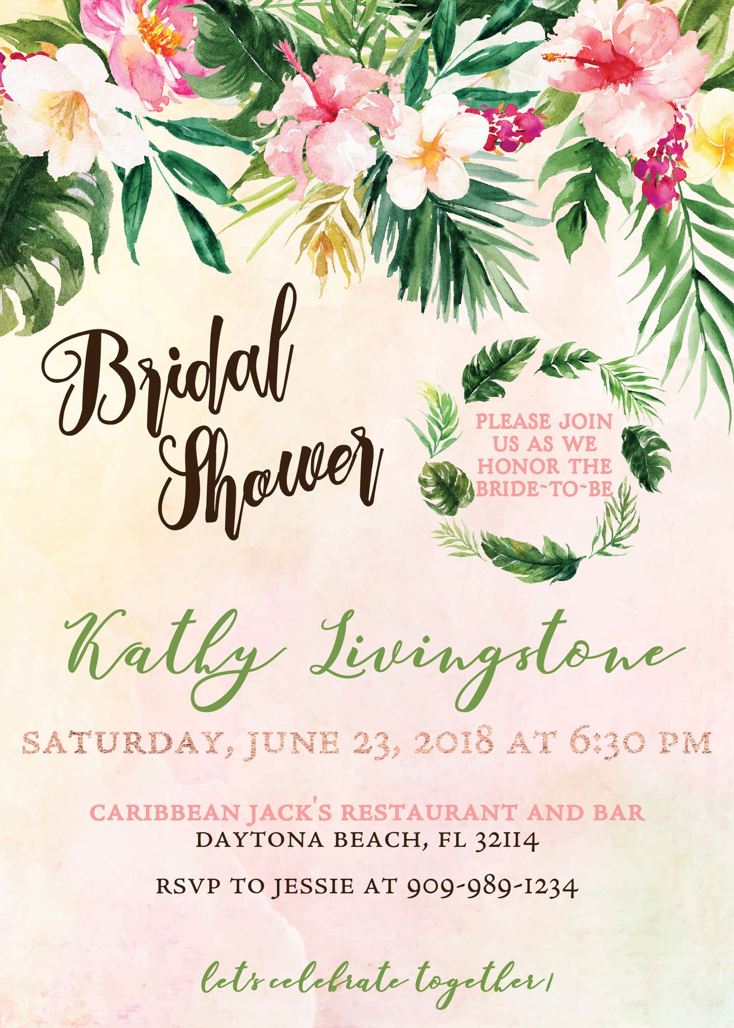 Tropical Floral Watercolor Beach Destination Wedding Bridal Shower Invitation Digital - 'TROPICAL LUSH"