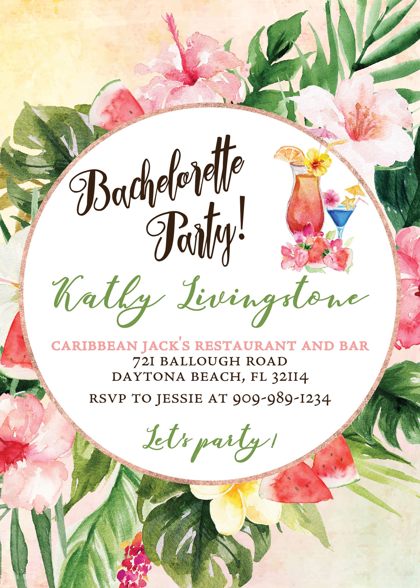 Tropical Floral Watercolor Beach Destination Wedding Bachelorette Party Invitation Digital - 'TROPICAL LUSH"