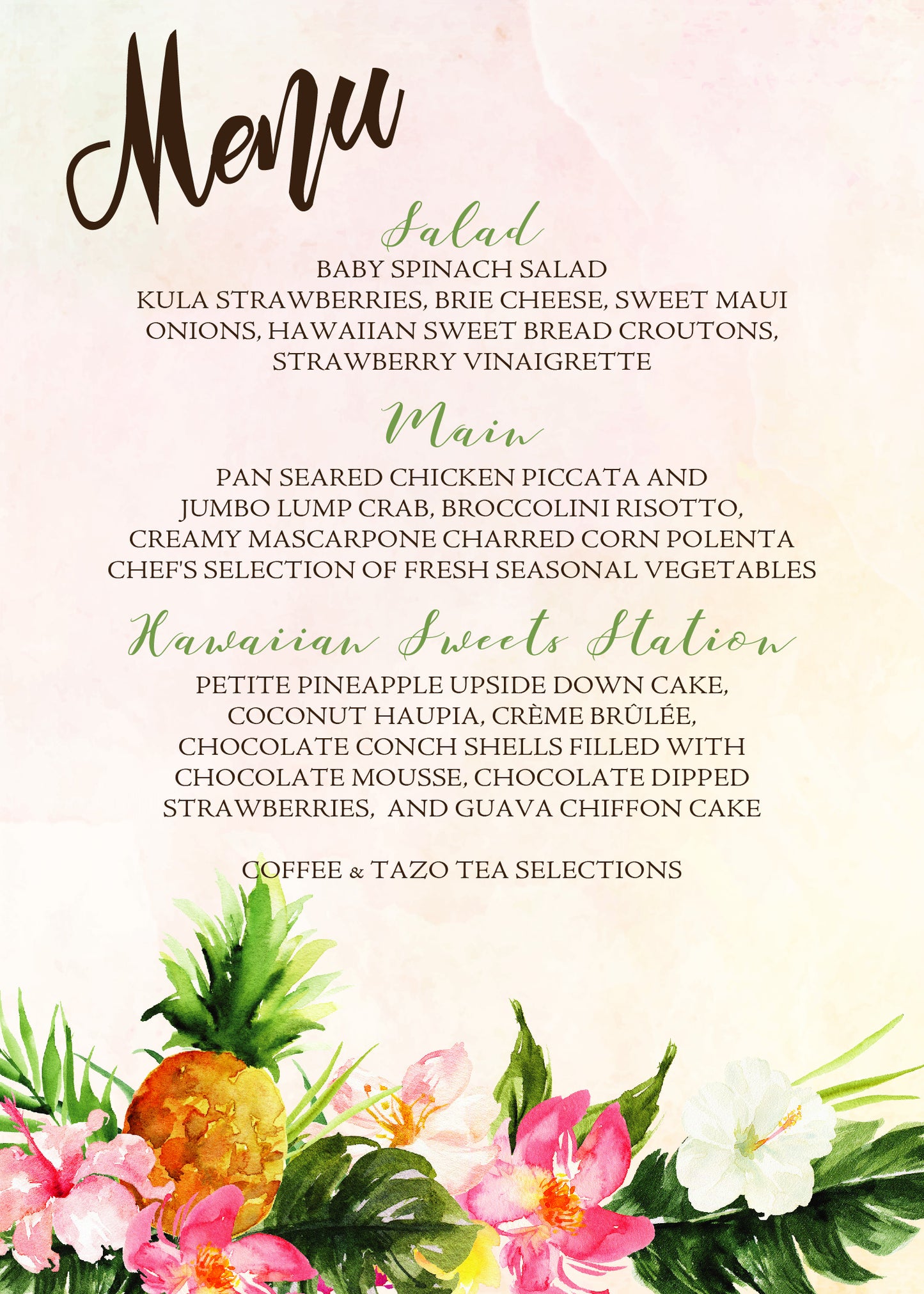 Digital Tropical Floral Watercolor Beach Destination Wedding 5x7" or 4x9" Menu - 'TROPICAL LUSH"