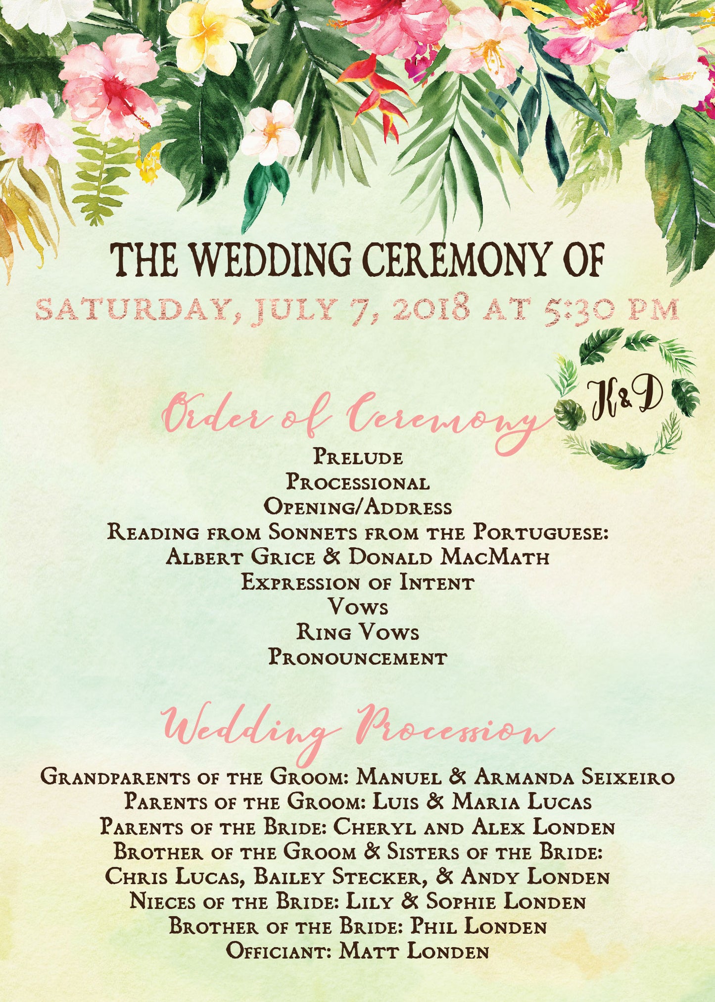 Tropical Floral Watercolor Beach Destination Wedding Program Digital - 'TROPICAL LUSH"