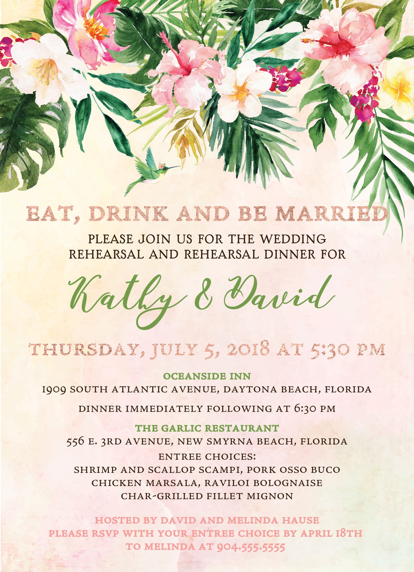 Tropical Floral Watercolor Beach Destination Wedding Rehearsal Dinner Invitation Digital - 'TROPICAL LUSH"