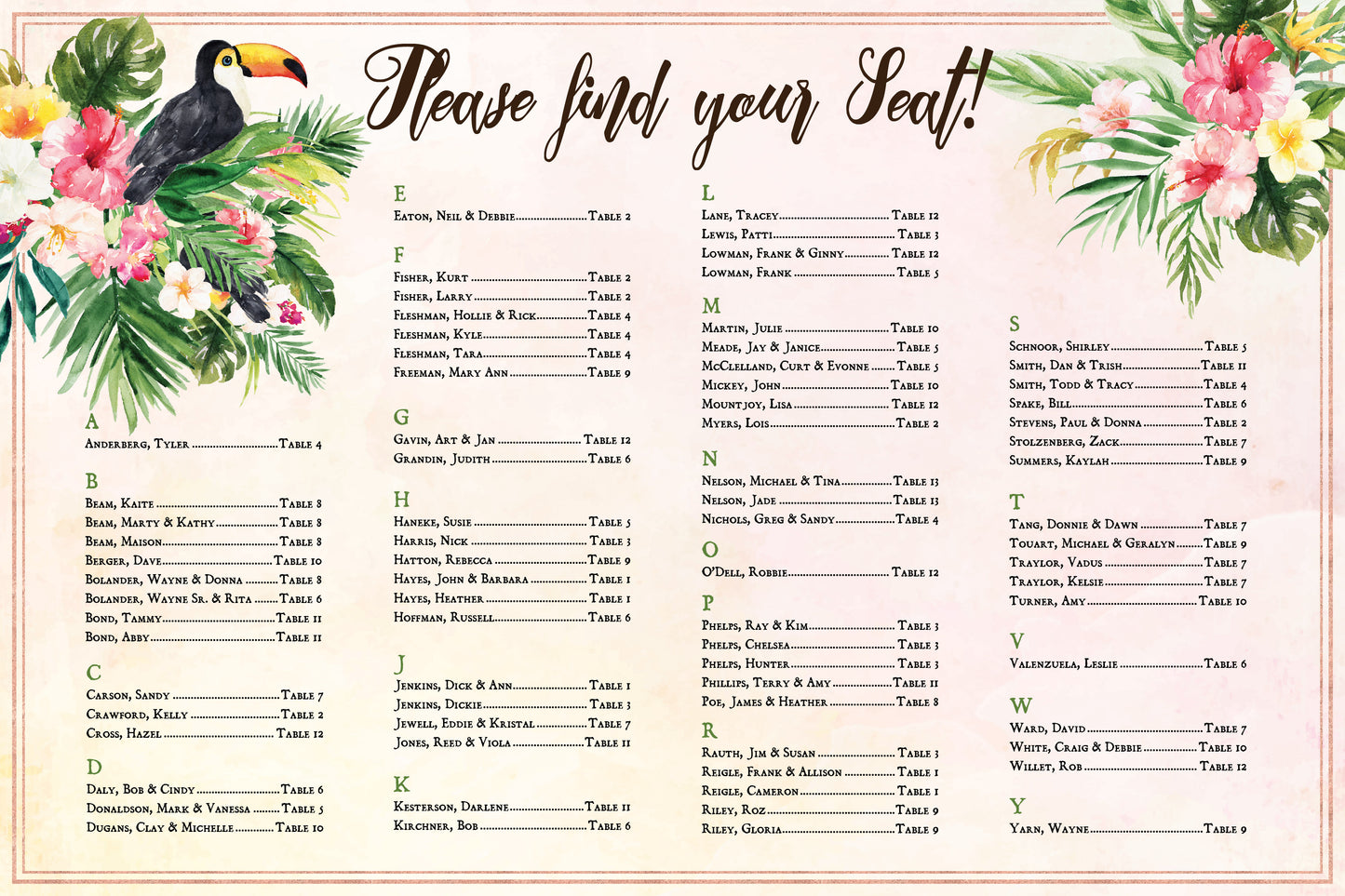 Tropical Floral Watercolor Beach Destination Seating Chart Digital - 24x36" - 'TROPICAL LUSH"