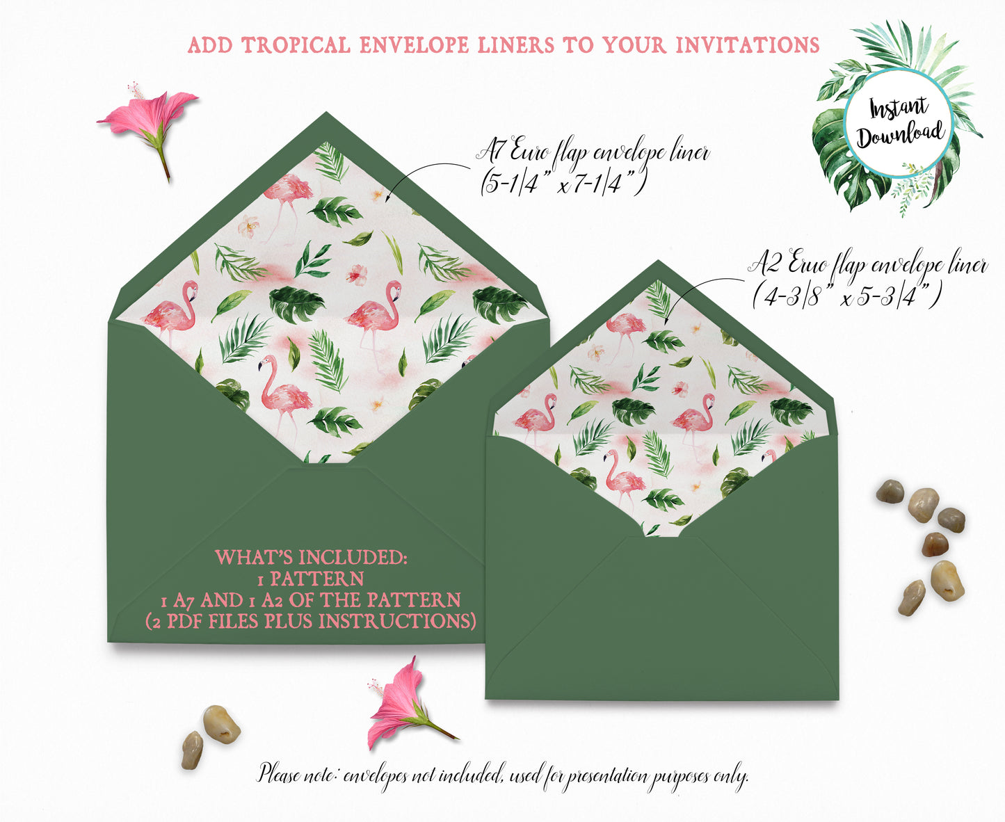 Tropical Floral Watercolor A7 & A2 Euro Flap Envelope Liners 7 Digital "Instant Download" - 'TROPICAL LUSH"